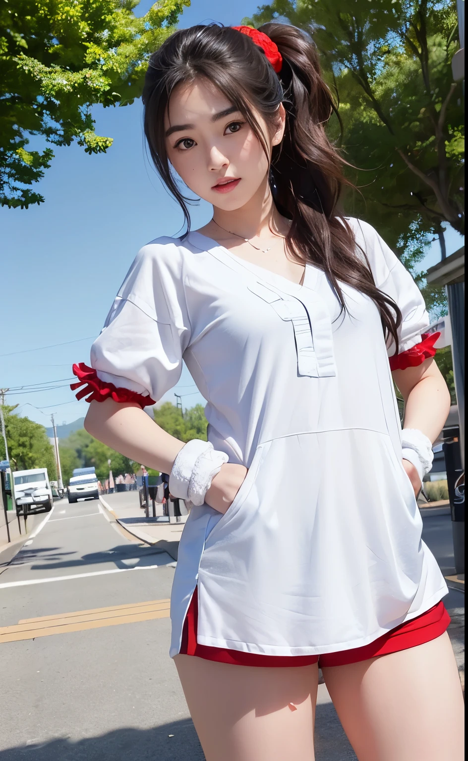 (tmasterpiece, actual, A high resolution), (1 girl): 1.2), korean people, ((white scrunchie): 1.3), (heterochromatic eyes: 1.1, Thick eyebrows, There is a small mole under the eye), tiese, (white  shirt, Red sports short chest): 1.2, upper legs), En plein air, with blue sky and white clouds