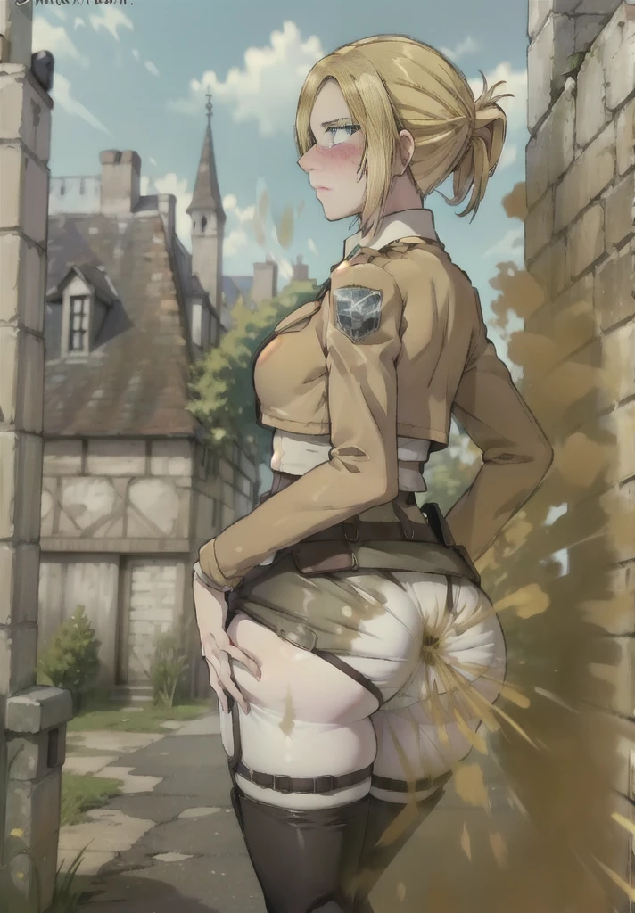 ((annie leonhart)),((velocity)),Attacked by farts, (((Women stand)),Embarrassed,velocity,((classic city)),((One Woman)),((fart while stand),her butt facing screen,fullbody,blue eye,detailed eyes,blushing)),(​masterpiece:1.2、top-quality)、(the Extremely Detailed CG Unity 8K Wallpapers、ultra-detailliert、Best Shadows)、(细致背景)、(The best lighting、extremely delicate and beautiful)、depth of fields、1girl in、独奏 ,Women wear  scout outfit,Ephemeral,,(blonde),(scout regiment outfit)),((((Girl  embarassed when she smells the bad smell of farts)))),outfit like a scout regiment,((((profile facing diagonally)),((massive fart))