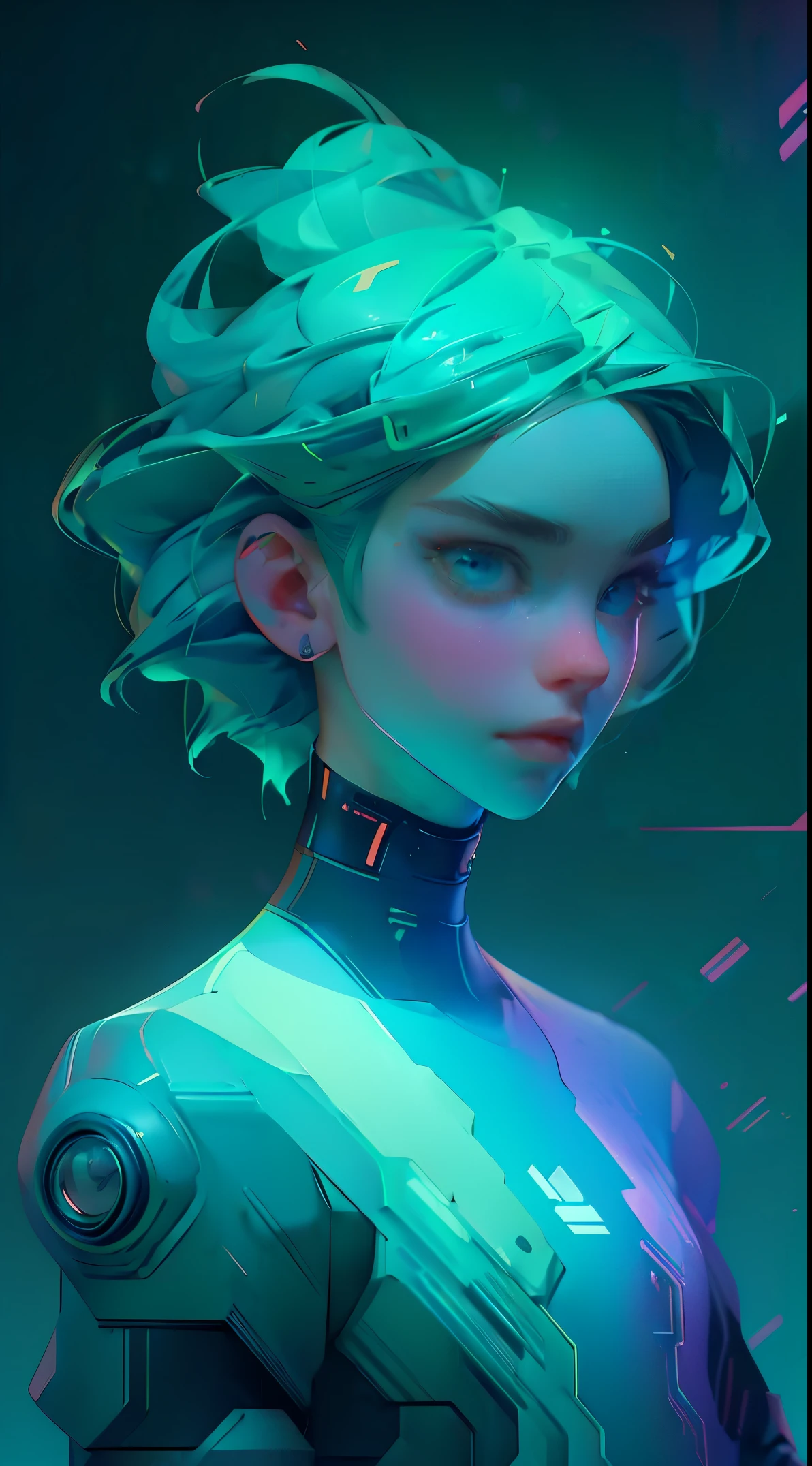 solo, 1girl, front view, (electric green hair), (electric blue eyes), ((Cyber punk outfit)), (symmetrical eyes), (Perfect face), (Perfect Anatomy), (looking at viewer), (cowboy shot), ((Glitch Art background)), (glitch art:1.3) ((glitch effect)), (8k), (HD), (Cinematography)