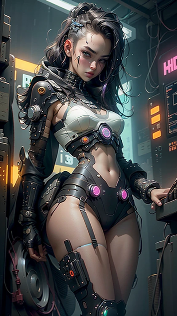 ((Best Quality)), ((Masterpiece)), (Very detailed:1.3), 3D, Beautiful (Cyberpunk:1.3) Hacker woman, voluminous hair, revealing clothes, operating computer terminals, computer servers, LCD screens , fiber optic cables, corporate logos, HDR (High Dynamic Range), ray tracing, NVIDIA RTX, Super Resolution, Unreal 5, Subsurface scattering, PBR textures, Post-processing, Anisotropic filtering, Depth of field, Maximum sharpness and sharpness, Multilayer textures, Specular and albedo mapping, surface shading, accurate simulation of light-material interactions, perfect proportions, octane rendering, duotone lighting, low ISO, white balance, rule of thirds, wide aperture, 8K RAW, subpixels high efficiency, subpixel convolution, luminous particles,