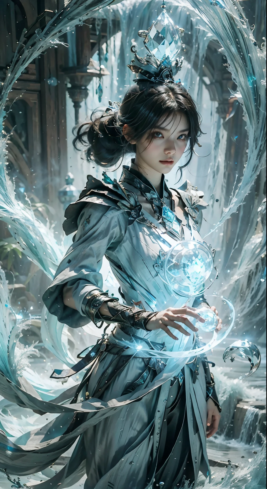 (Yu-Gi-Oh cards:1.5, rotary symmetrical),Stephen Gamel,(cow boy shot),minimalist works,sea magician,Exquisite crystal tiara, Delicate crystal armor,Electroluminescence,dreamy glow,Conceptual digital art, Sky blue and gray,(The is very detailed, Reasonable design, Clear lines, High- sharpness,Best quality at best, tmasterpiece, 4K )