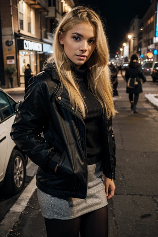 21 years old hot woman with blonde hair, wearing a nice black winter jacket
