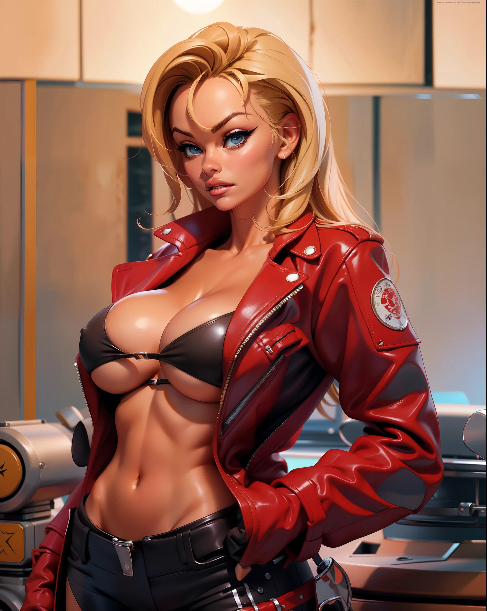 medium shot, torso shot, focus on breasts, perfect face, Pamela Anderson in a red leather jacket posing for a picture,