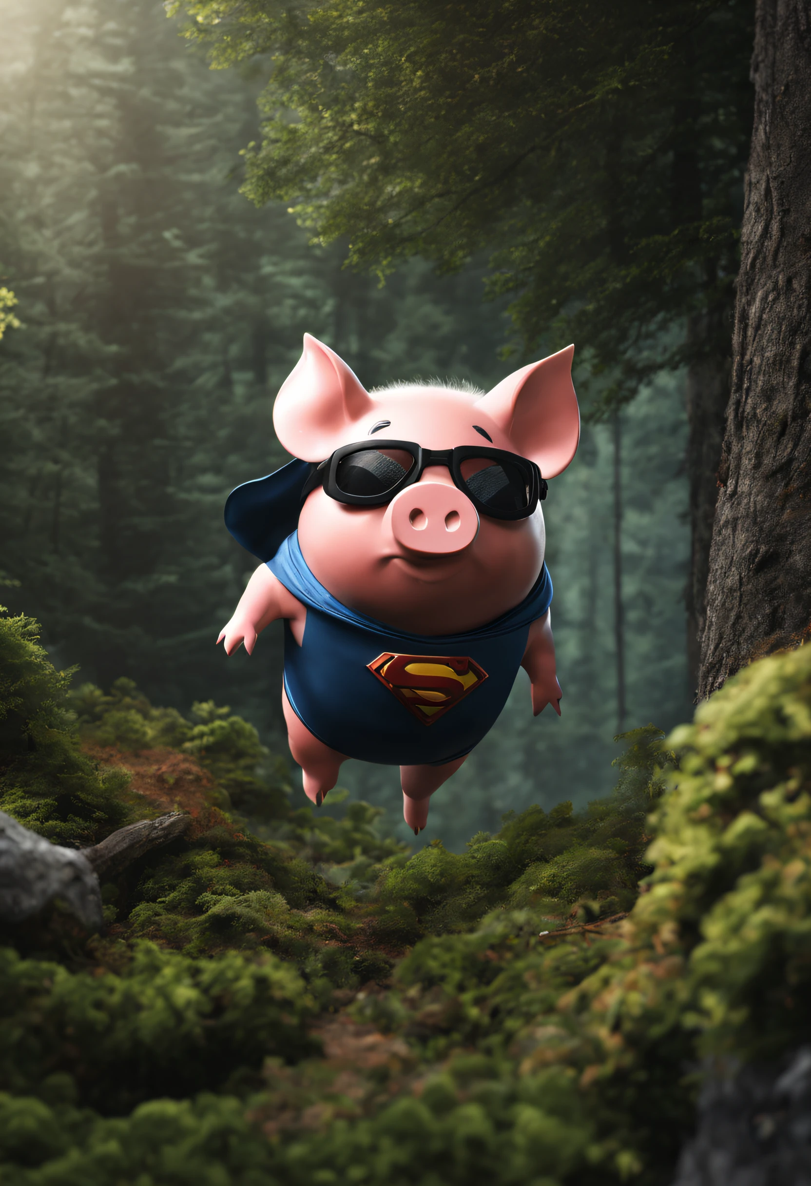 Superhero piggy in 8k with super realistic black glasses flying over an ultra realistic forest