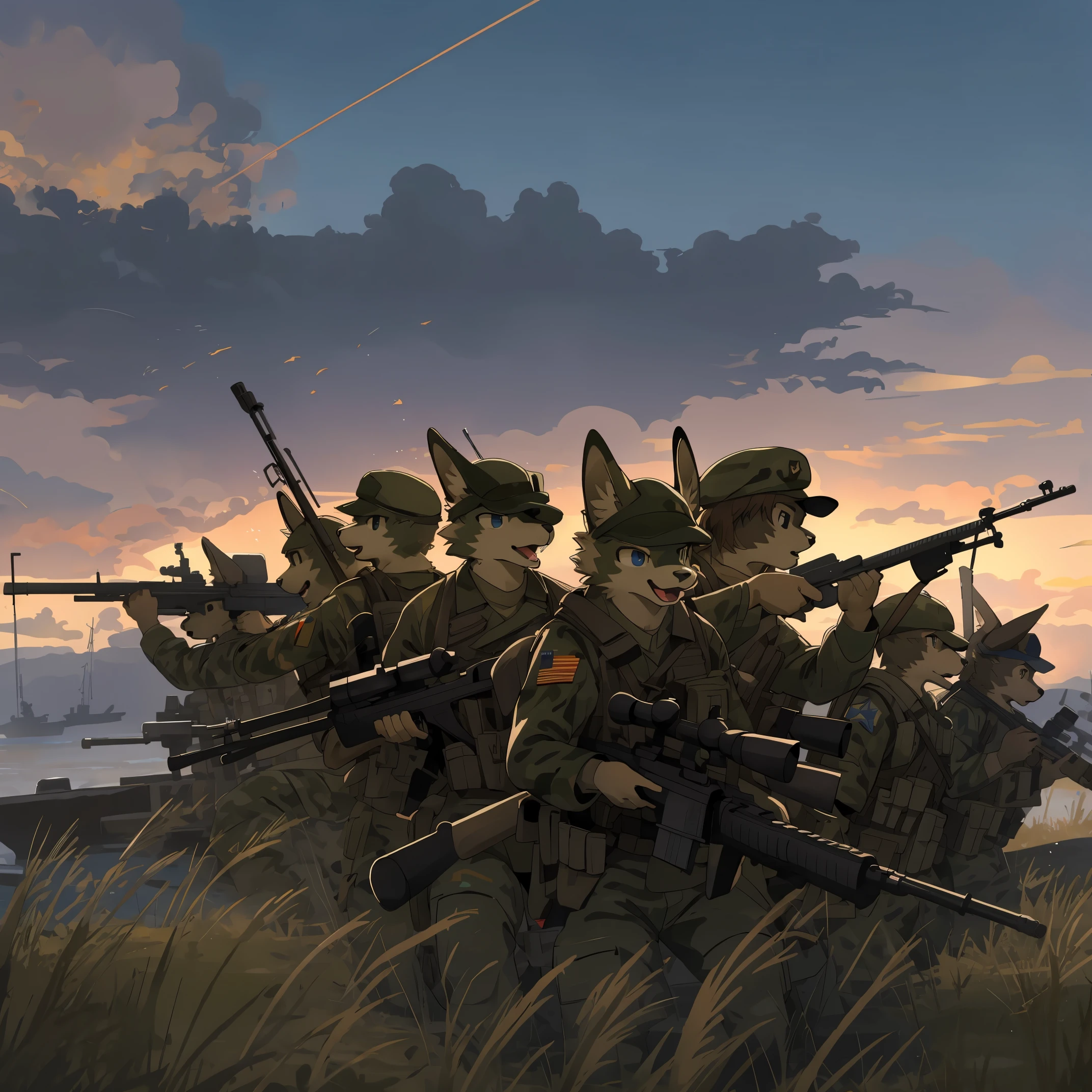 cover page, highres, top quality, best quality, paid reward available, unparalleled masterpiece, perfect artwork, absurdres, High-quality illustrations, super high resolution, detailed background, absurdres, perfect anatomy, Military Headquarters, Maritime Self-Defense Force, rifle, sniper, battlefield, 6+boys, 6+girls, expression(kemono, furry anthro)assorted poses, cinematic lighting, dynamic angle,