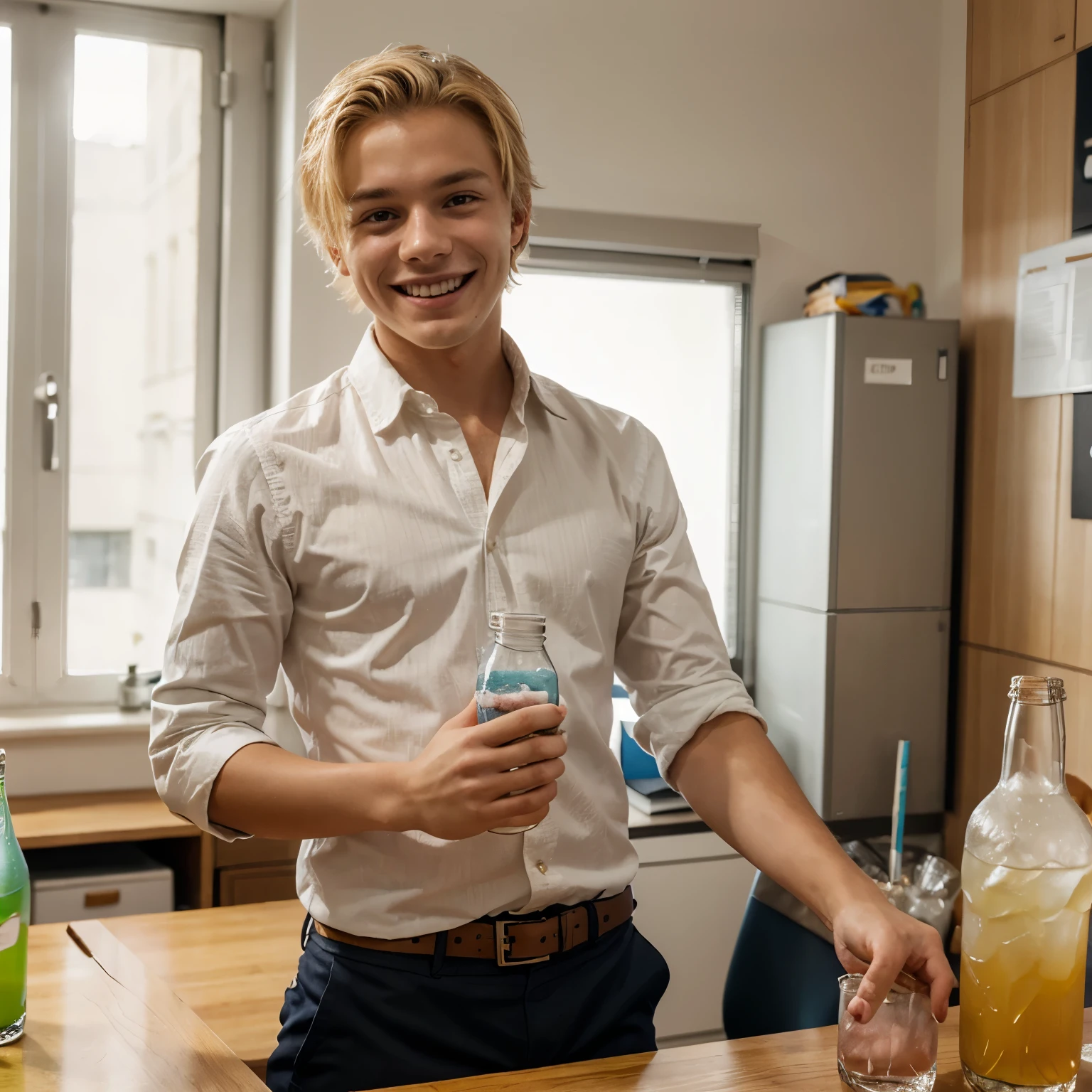 young blond boy holding a bottle at his desk full of drinks cheerful and smiling