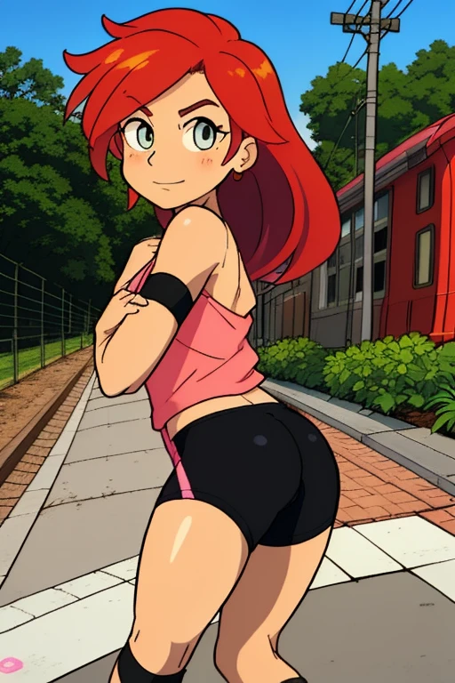 GameGirl , (redhead ponytail) with pink streak highlights, 80's anime style, (flat chest),  thighs, hips, small waist,  park bench, biker shorts,  cloudy day, near train tracks, bike rack, weak wilted plants, cracks in sidewalk, butterflies and daisies, sunlight shining on character, ass