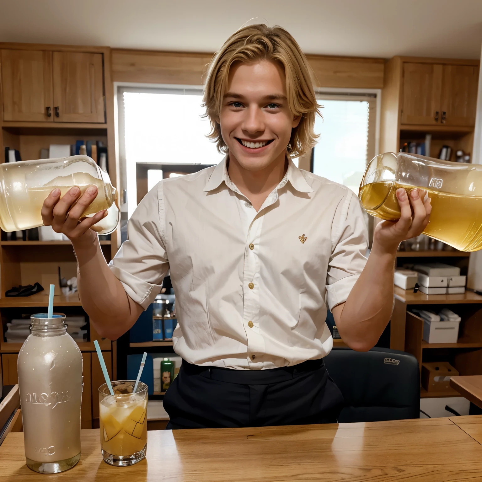 young blond boy holding a bottle at his desk full of drinks cheerful and smiling