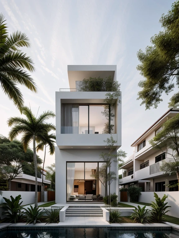 a modern house, located in a quiet area in Vietnam.  The house has a white facade and many windows, creating a harmonious and impressive whole.  The house is built with sustainable materials, the garden is designed in traditional Vietnamese bonsai style