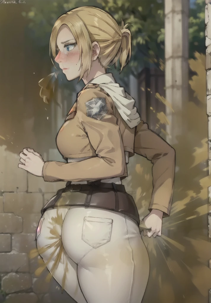 ((annie leonhart)),((velocity)),Attacked by farts, (((Women stand)),Embarrassed,velocity,((classic city)),((One Woman)),((fart while stand),her butt facing screen,fullbody,blue eye,detailed eyes,blushing)),(​masterpiece:1.2、top-quality)、(the Extremely Detailed CG Unity 8K Wallpapers、ultra-detailliert、Best Shadows)、(细致背景)、(The best lighting、extremely delicate and beautiful)、depth of fields、1girl in、独奏 ,Women wear  scout outfit,Ephemeral,,(blonde),(scout regiment outfit)),((((Girl  embarassed when she smells the bad smell of farts)))),outfit like a scout regiment,((((profile facing diagonally)),((massive fart))