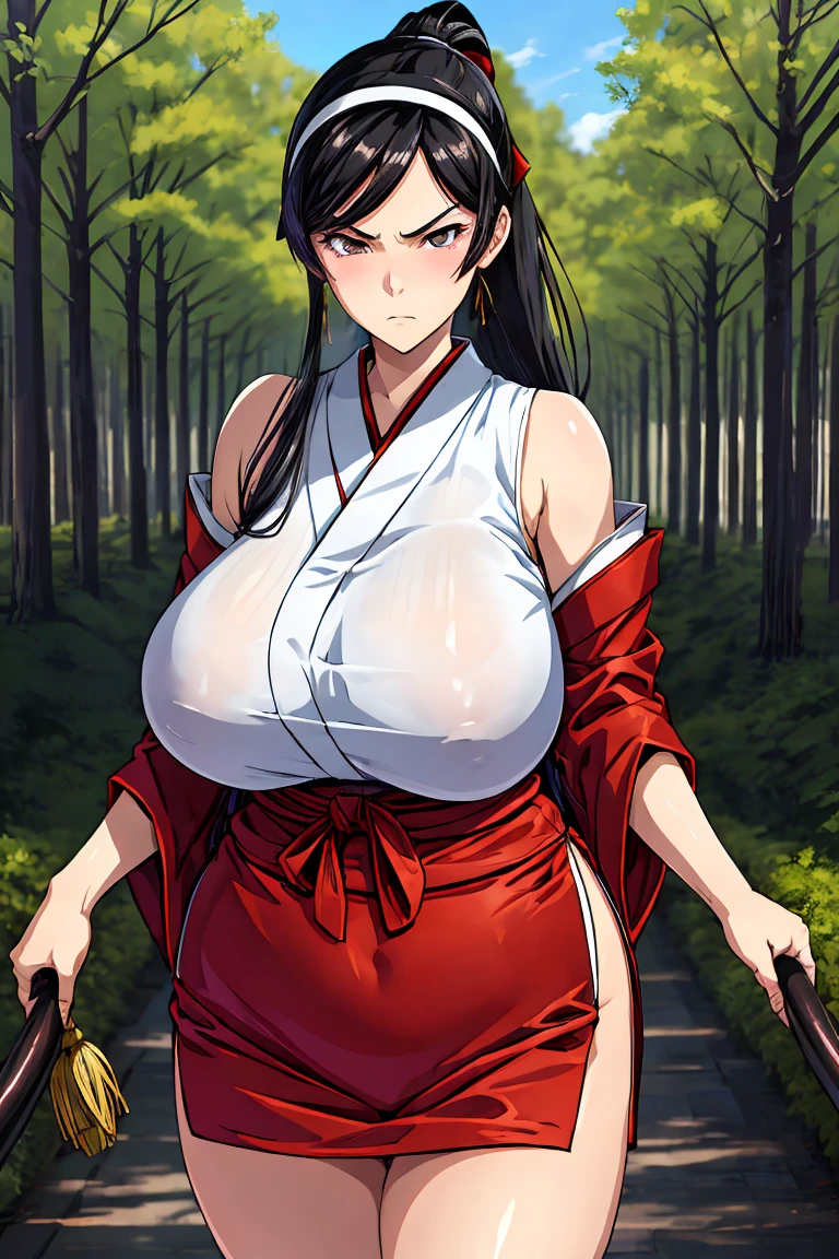 masterpiece, best quality, ultra high res, ultra-detailed, long black hair, ponytail, brown eyes, huge breasts, wide hips, samurai girl, kimono, , young adult, 1 girl, alone, takeda hiromitsu style, blush, beautiful, forest, tree, belt, serious,kumashiro maya, hairband