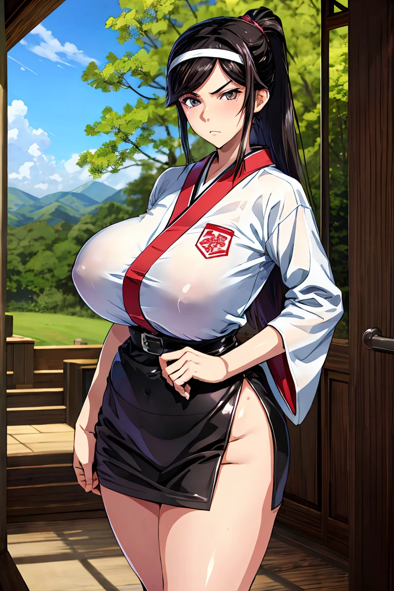 masterpiece, best quality, ultra high res, ultra-detailed, long black hair, ponytail, brown eyes, huge breasts, wide hips, samurai girl, kimono, , young adult, 1 girl, alone, takeda hiromitsu style, blush, beautiful, forest, tree, belt, serious,kumashiro maya, hairband