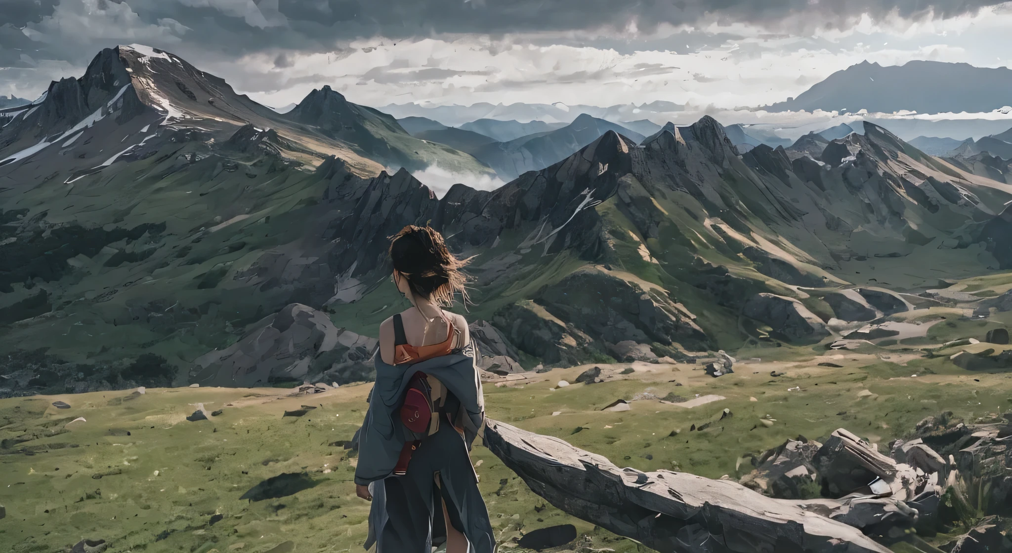 wide wide shot, overhead photography, one-girl, walking on top of mountain, The girl's back, The little dragon is flying in the distance, and it is raining, overcast day, gigantic mountains, rocks in foreground, Solitude, , Faraway view, mountain in the distance