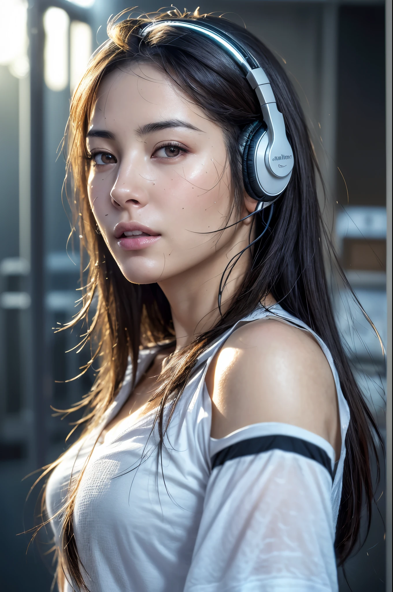 dressed, (photo realistic:1.4), (hyper realistic:1.4), (realistic:1.3), (smoother lighting:1.05), (increase cinematic lighting quality:0.9), 32K, 1girl,20yo girl, realistic lighting, backlighting, light on face, ray trace, (brightening light:1.2), (Increase quality:1.4), (best quality real texture skin:1.4), finely detailed eyes, finely detailed face, finely quality eyes, (tired and sleepy and satisfied:0.0), face closeup, t-shirts, listens to music with headphones, (Increase body line mood:1.1), (Increase skin texture beauty:1.1)