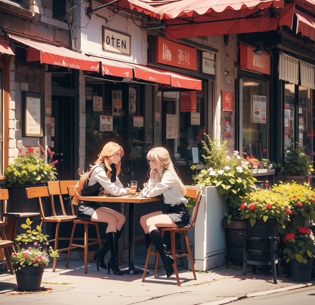 short black overall
white turtleneck
black knee high heeled boots
choker
strawberry blonde, straight long hair,
sitting at table outside café, from side