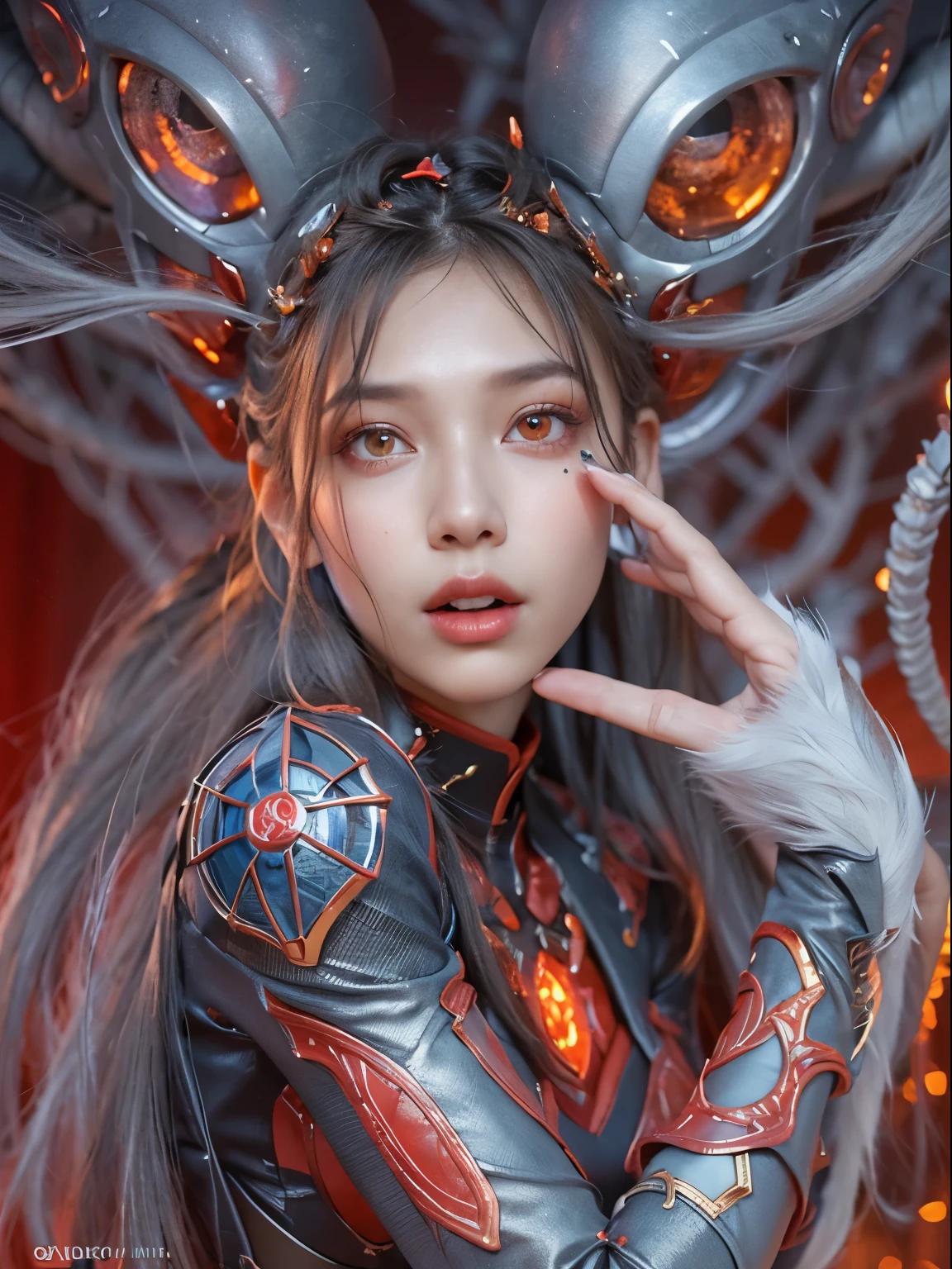 Female Alien, Beautiful face, seduces, red eyes, Full body like, A sexy, alien, No humans, an alien, cells are fused, Multiple hands, Lots of blue tentacle skin:1.5), extraterrestrial, cell, bio image, 魅惑的, Best Quality, 8K,,4K_quality, high_Definition,Dramatic Lighting, masutepiece:1.5,cinematic quality, detail up, Intricate details:1.2, 超A high resolution, High Definition, drawing faithfully, (Thick eyebrows:1.2), (Big scarlet eyes:1.6), Beautiful eyes with fine symmetry, (Ultra detailed eyes:1.2),(Highly detailed face and eyes:1.2), (High-resolution red-eye:1.4), Intimate face, (ultra detailed skin texture:1.4), Perfect Anatomy,  (Beautiful toned body:1.5),  (Moist skin:1.2), No makeup, (dark circles:1.1),