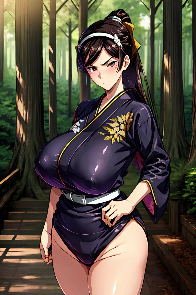 masterpiece, best quality, ultra high res, ultra-detailed, long black hair, ponytail, brown eyes, huge breasts, wide hips, samurai girl, kimono, , young adult, 1 girl, alone, takeda hiromitsu style, blush, beautiful, forest, tree, belt, serious,kumashiro maya, hairband