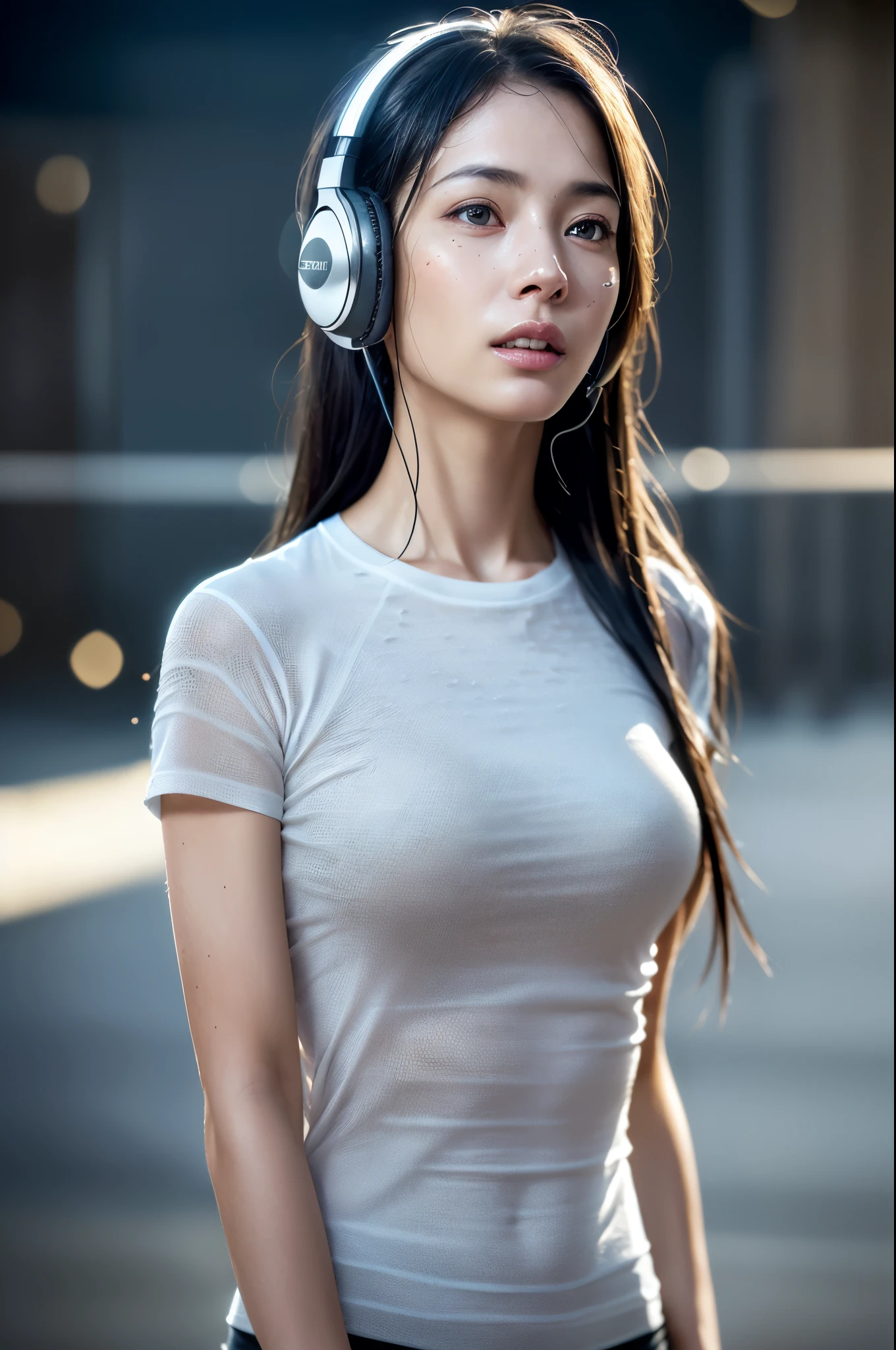 dressed, (photo realistic:1.4), (hyper realistic:1.4), (realistic:1.3), (smoother lighting:1.05), (increase cinematic lighting quality:0.9), 32K, 1girl,20yo girl, realistic lighting, backlighting, light on face, ray trace, (brightening light:1.2), (Increase quality:1.4), (best quality real texture skin:1.4), finely detailed eyes, finely detailed face, finely quality eyes, (tired and sleepy and satisfied:0.0), face closeup, t-shirts, listens to music with headphones, (Increase body line mood:1.1), (Increase skin texture beauty:1.1)