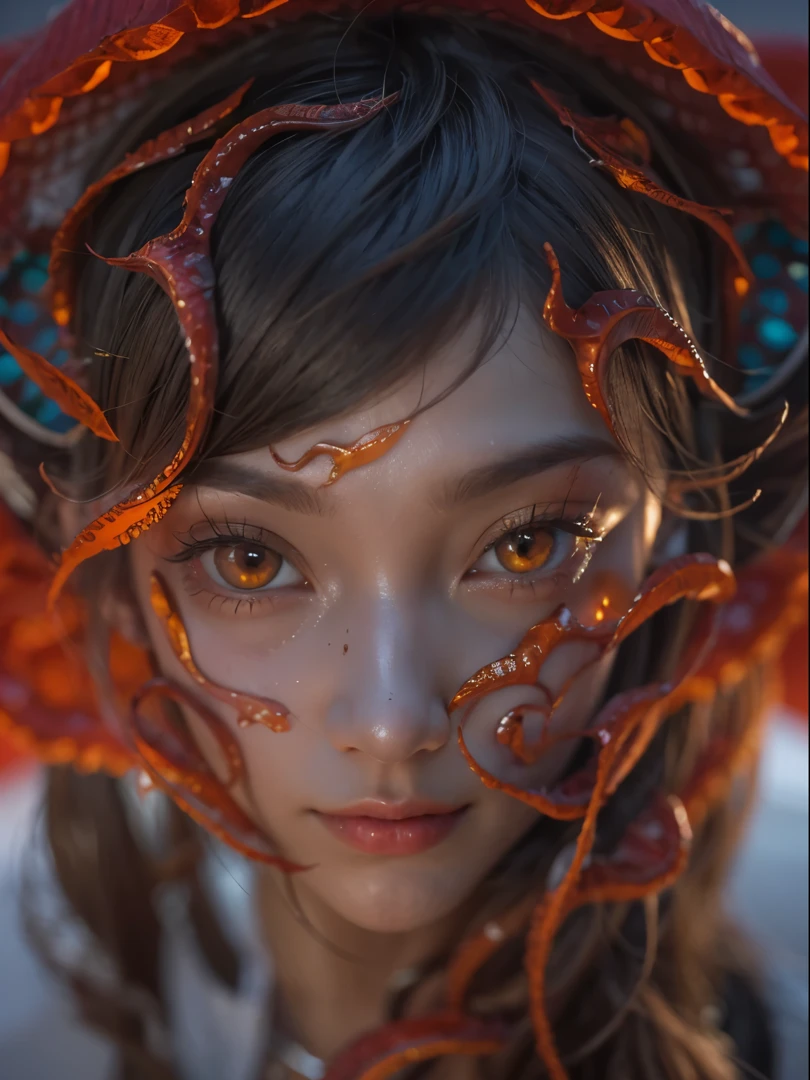 Female Alien, Beautiful face, seduces, red eyes, Full body like, A sexy, alien, No humans, an alien, cells are fused, Multiple hands, Lots of blue tentacle skin:1.5), extraterrestrial, cell, bio image, 魅惑的, Best Quality, 8K,,4K_quality, high_Definition,Dramatic Lighting, masutepiece:1.5,cinematic quality, detail up, Intricate details:1.2, 超A high resolution, High Definition, drawing faithfully, (Thick eyebrows:1.2), (Big scarlet eyes:1.6), Beautiful eyes with fine symmetry, (Ultra detailed eyes:1.2),(Highly detailed face and eyes:1.2), (High-resolution red-eye:1.4), Intimate face, (ultra detailed skin texture:1.4), Perfect Anatomy, (Beautiful toned body:1.5), (Moist skin:1.2), No makeup, (dark circles:1.1),