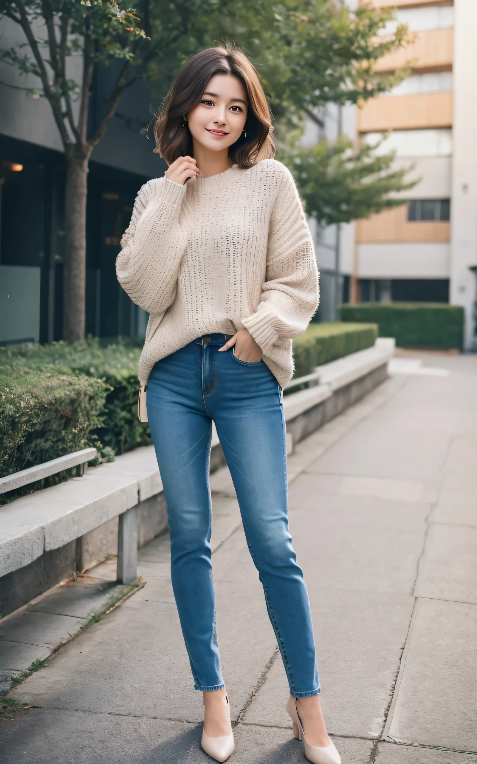 masutepiece, Best Quality, 8K, 1 girl, 20 yo, Closed mouth, Smile, Full body, (Full body:1.4), Solo, Cute, Girly, Delicate girl, Neat and clean beauty, Raw photo, Professional Photography, Portrait, Soft light, Professional Lighting, Back lighting, Look away, looking at away, Sophisticated, Film grain, (Eyes and faces with detailed:1.0), Short-length floating hair, Beautiful flowing hair, Sweaters, Jeans pants