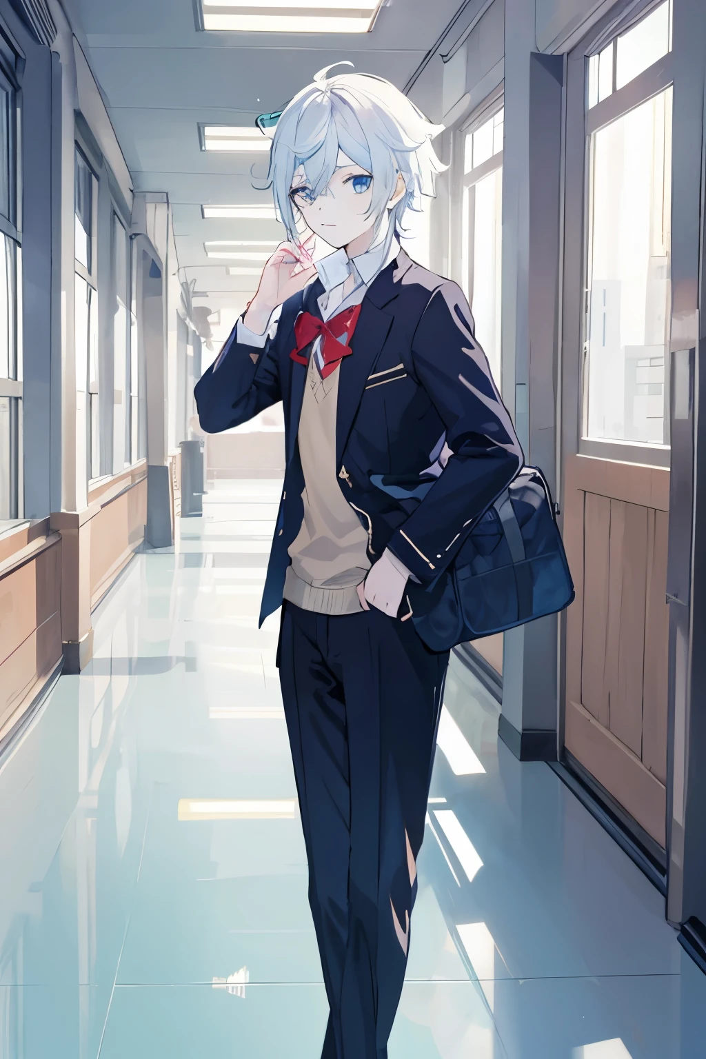 1boy, school uniform,jacket, cute, genshin impact, Anime,white hair, white skin, blue eyes,school hallway