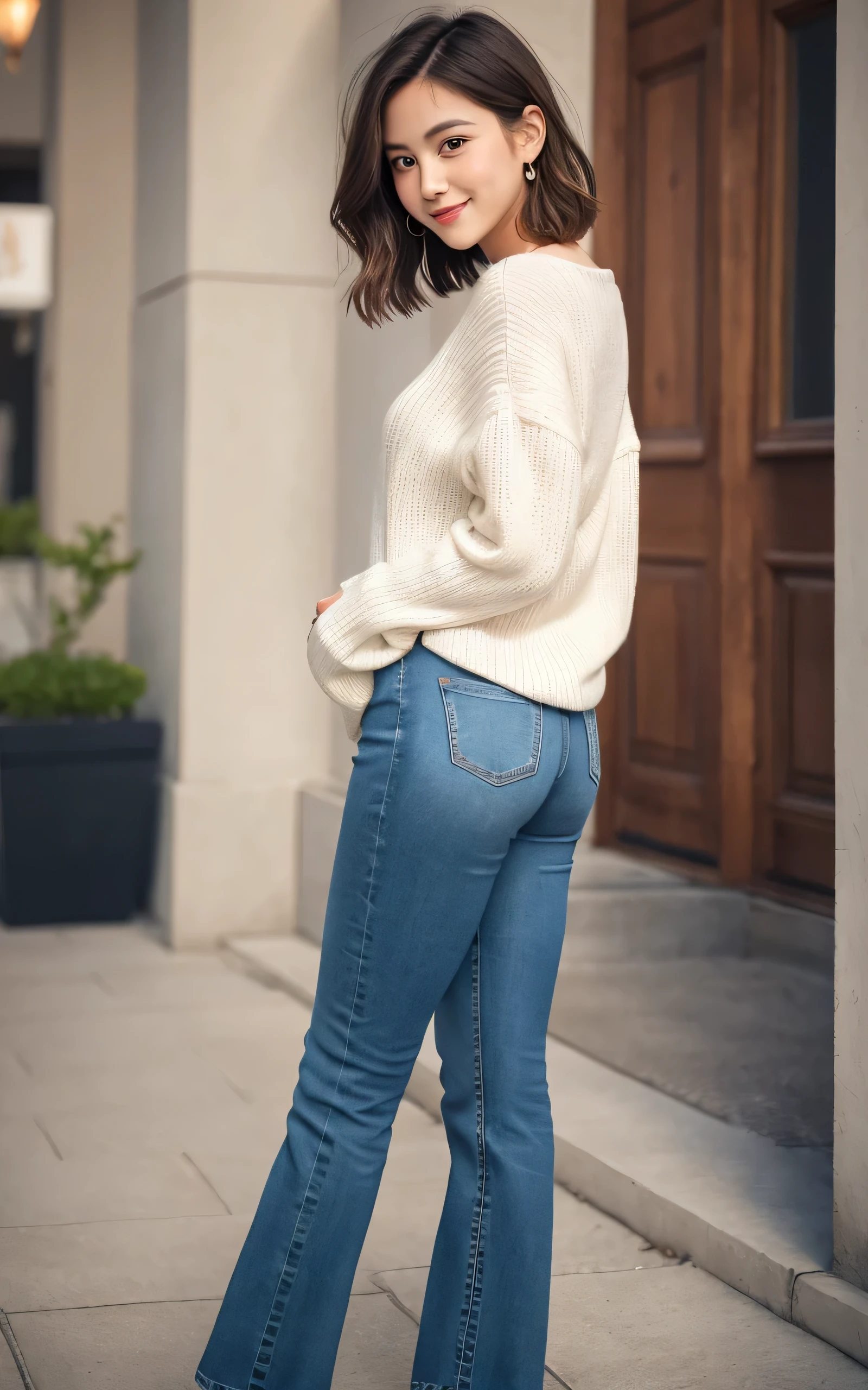 masutepiece, Best Quality, 8K, 1 girl, 20 yo, Closed mouth, Smile, Full body, (Full body:1.4), Solo, Cute, Girly, Delicate girl, Neat and clean beauty, Raw photo, Professional Photography, Portrait, Soft light, Professional Lighting, Back lighting, Look away, looking at away, Sophisticated, Film grain, (Eyes and faces with detailed:1.0), Short-length floating hair, Beautiful flowing hair, Sweaters, Jeans pants