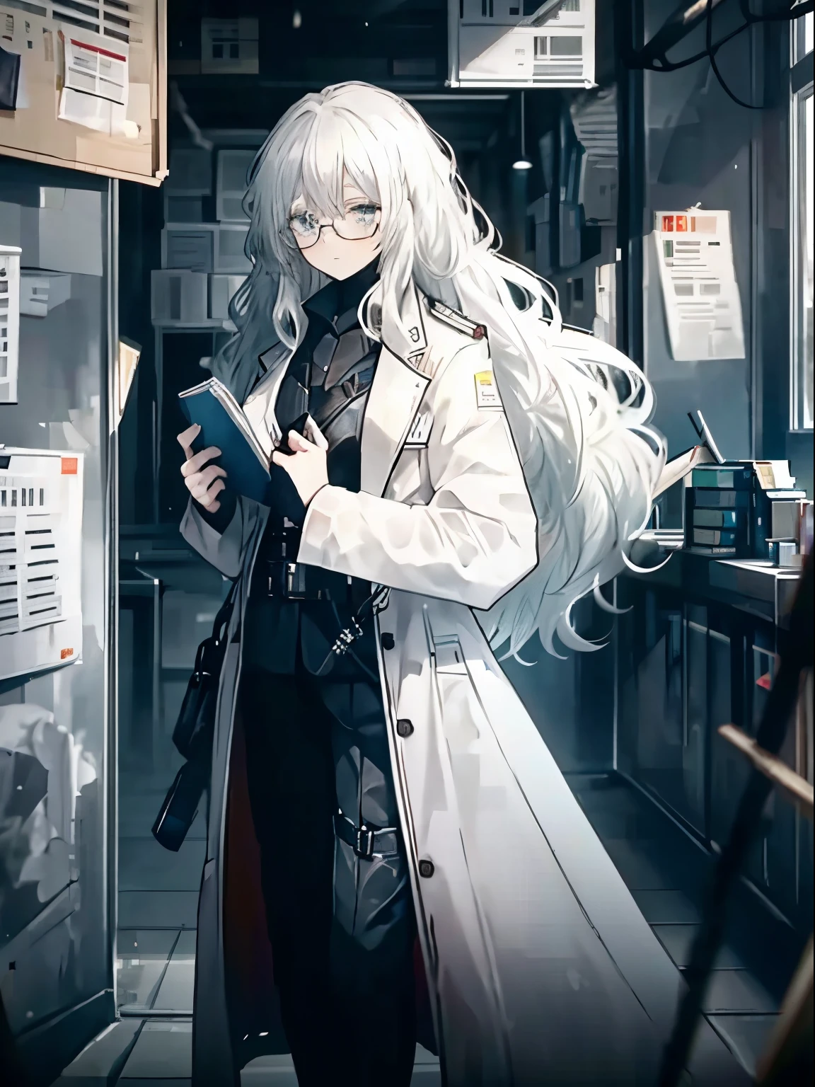 girl，long  white hair，White trench coat，with glasses，Holding a book in his left hand，Gun in right hand