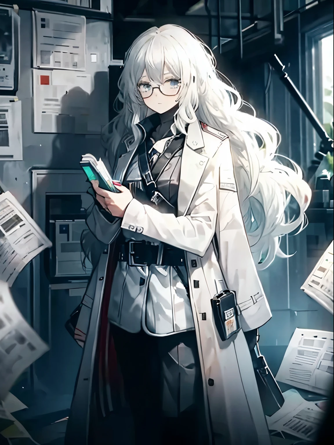 girl，long  white hair，White trench coat，with glasses，Holding a book in his left hand，Gun in right hand