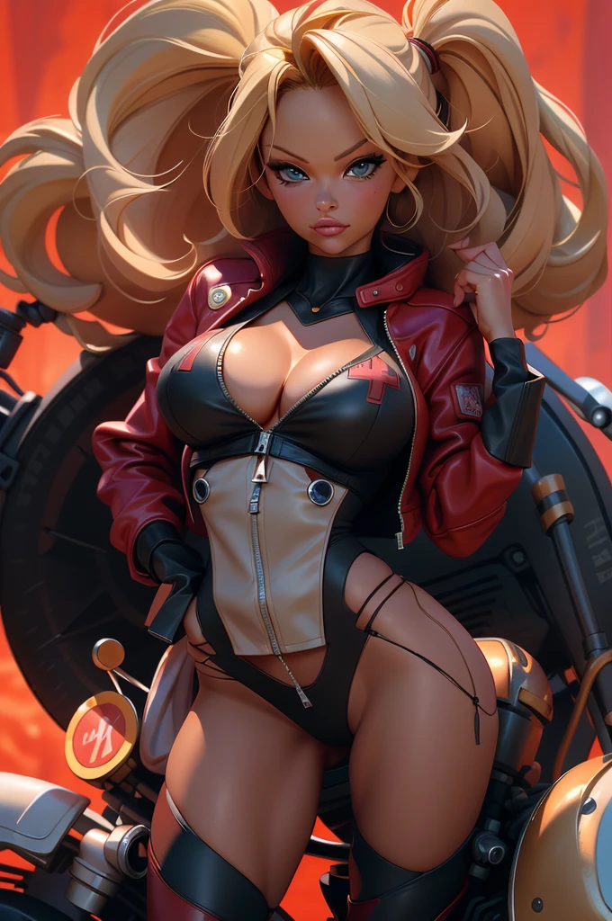 medium shot, torso shot, focus on breasts, perfect face, Pamela Anderson in a red leather jacket posing for a picture,
