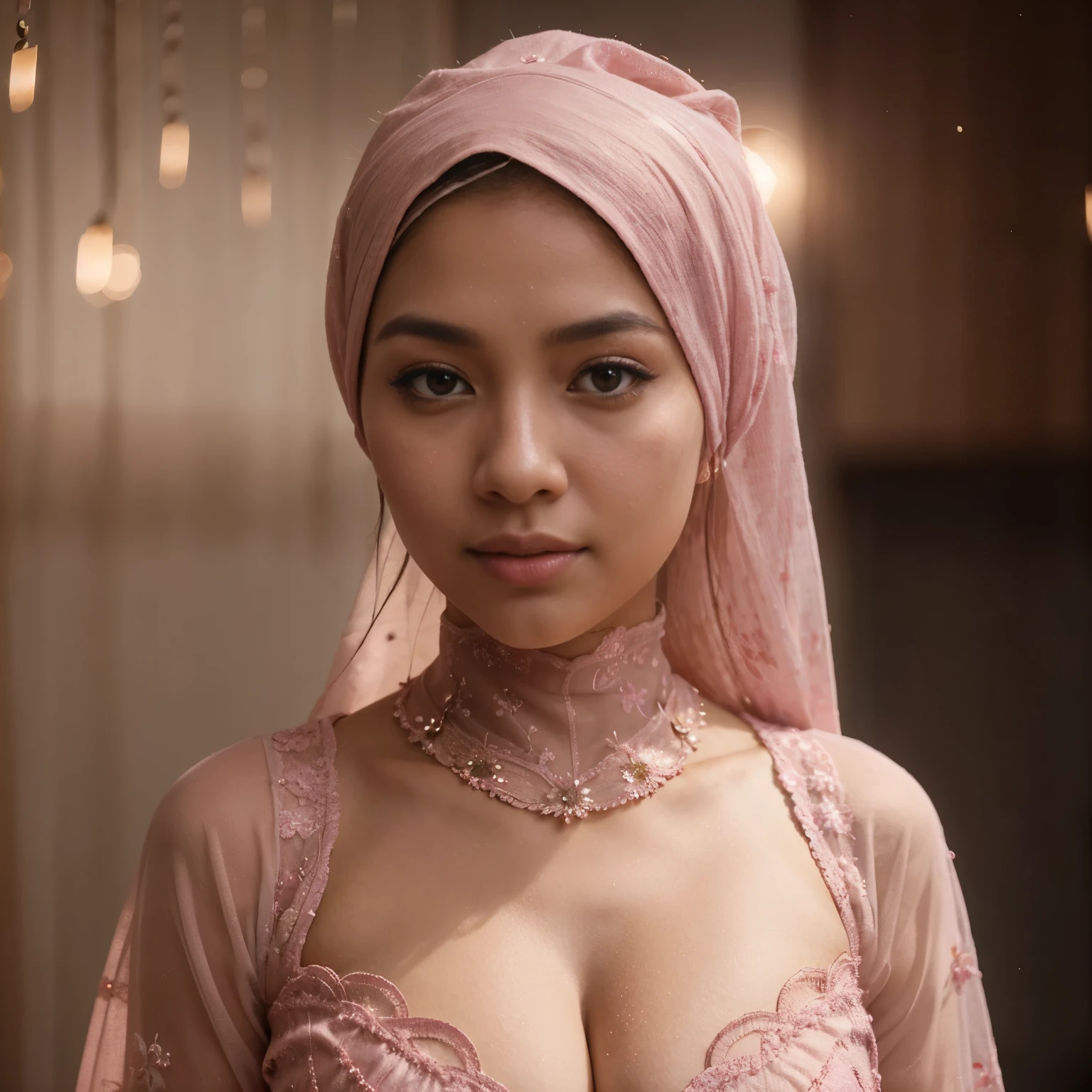 (best quality,realistic:1.37),ultra-detailed,portrait,medium shot,strong yet delicate features,malay girl with beautiful brown eyes,long eyelashes,pink glowing particles floating around her,modern plain hijab in a vibrant color,shy and demure expression,wearing a red kebaya with a long neckline,proportional body with emphasis on her natural curves in a tasteful manner,pink light bokeh background,evoking a sense of feminine elegance and grace.