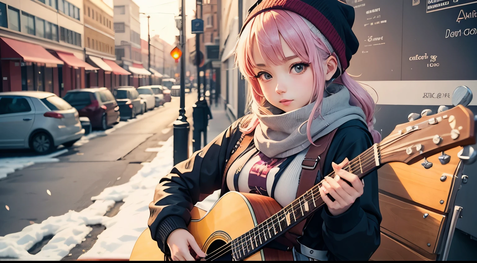 Anime girl with a guitar in the colorful winter urban cafe