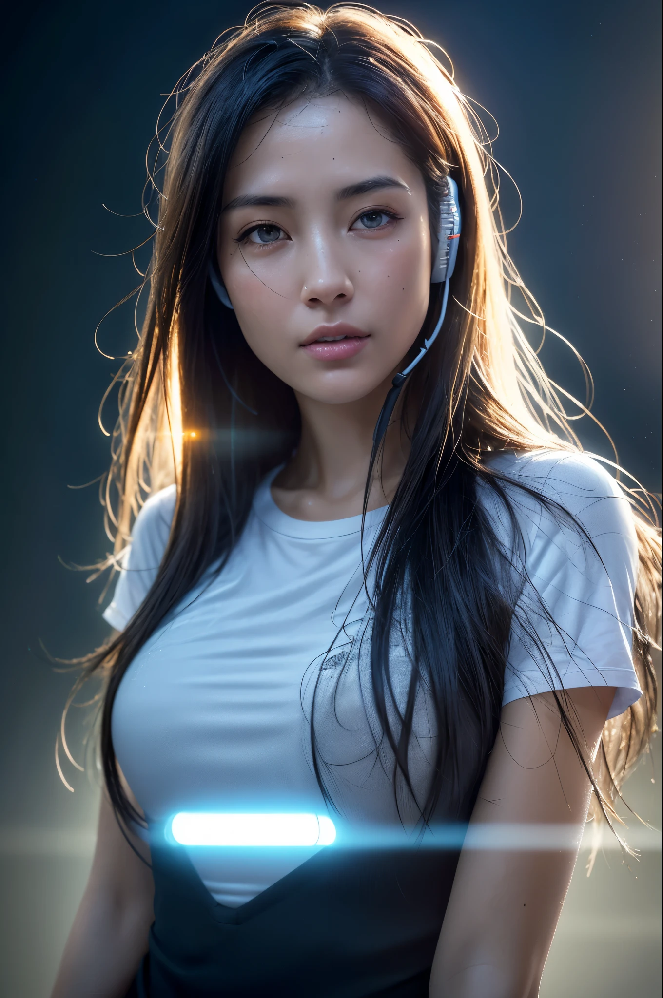 dressed, (photo realistic:1.4), (hyper realistic:1.4), (realistic:1.3), (smoother lighting:1.05), (increase cinematic lighting quality:0.9), 32K, 1girl,20yo girl, realistic lighting, backlighting, light on face, ray trace, (brightening light:1.2), (Increase quality:1.4), (best quality real texture skin:1.4), finely detailed eyes, finely detailed face, finely quality eyes, (tired and sleepy and satisfied:0.0), face closeup, t-shirts, listens to music with headphones, (Increase body line mood:1.1), (Increase skin texture beauty:1.1)