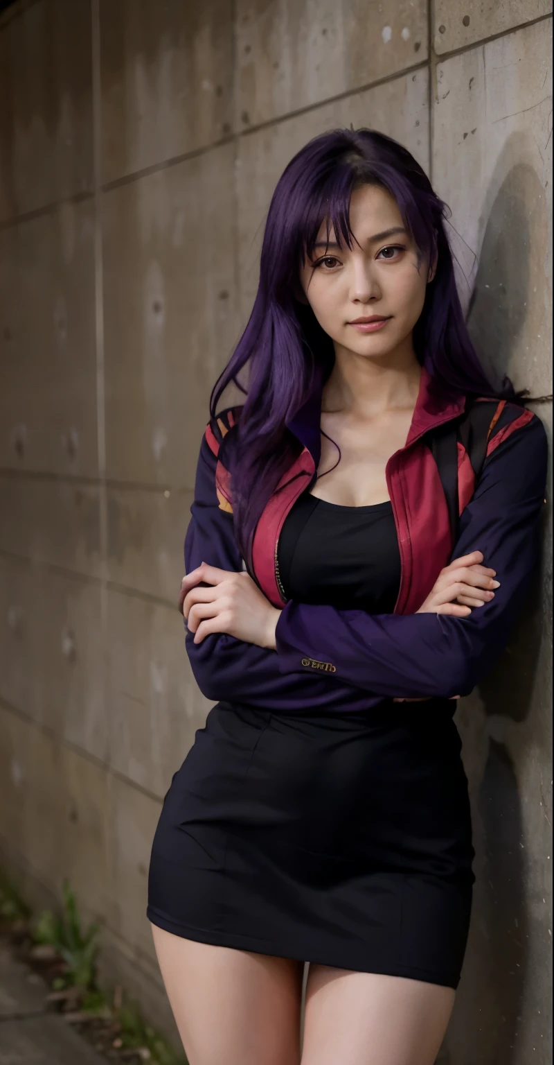 anime lady holding handgun in hand standing in front of a wall, misato katsuragi, gainax anime style, beautiful mixed japan woman, 28 years old, combine anime beauty and realism, beautiful face, purple hair, black dress from neck to knee, red jacket, nighttime, extremely beautiful,