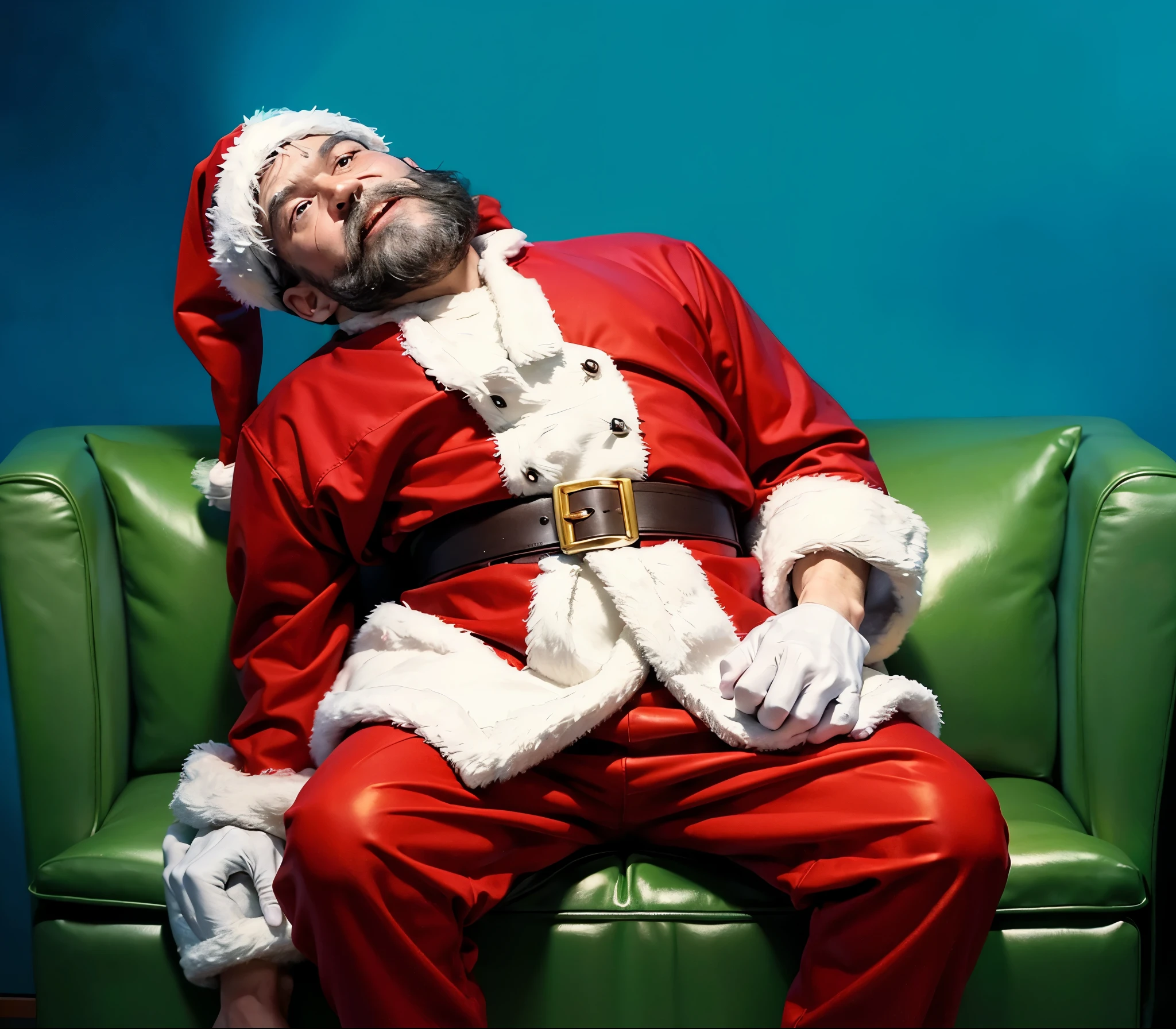 santa claus sitting on a green couch with his hands on his hips, santa, santa claus, santa clause, 4k, rim light, realistic, cozy, festive, detailed christmas decorations, warm fireplace, red and gold color palette, woolen texture, jolly expression, long white beard, rosy cheeks, fur-trimmed suit, plump body frame, snowy landscape outside the window, twinkling lights, shining ornaments, large Christmas tree,