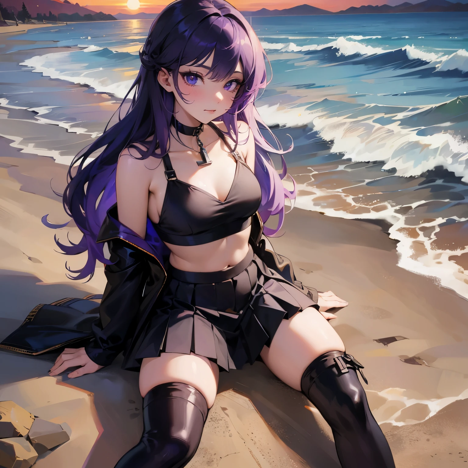 delicated face，Purple colored hair，Purple eye