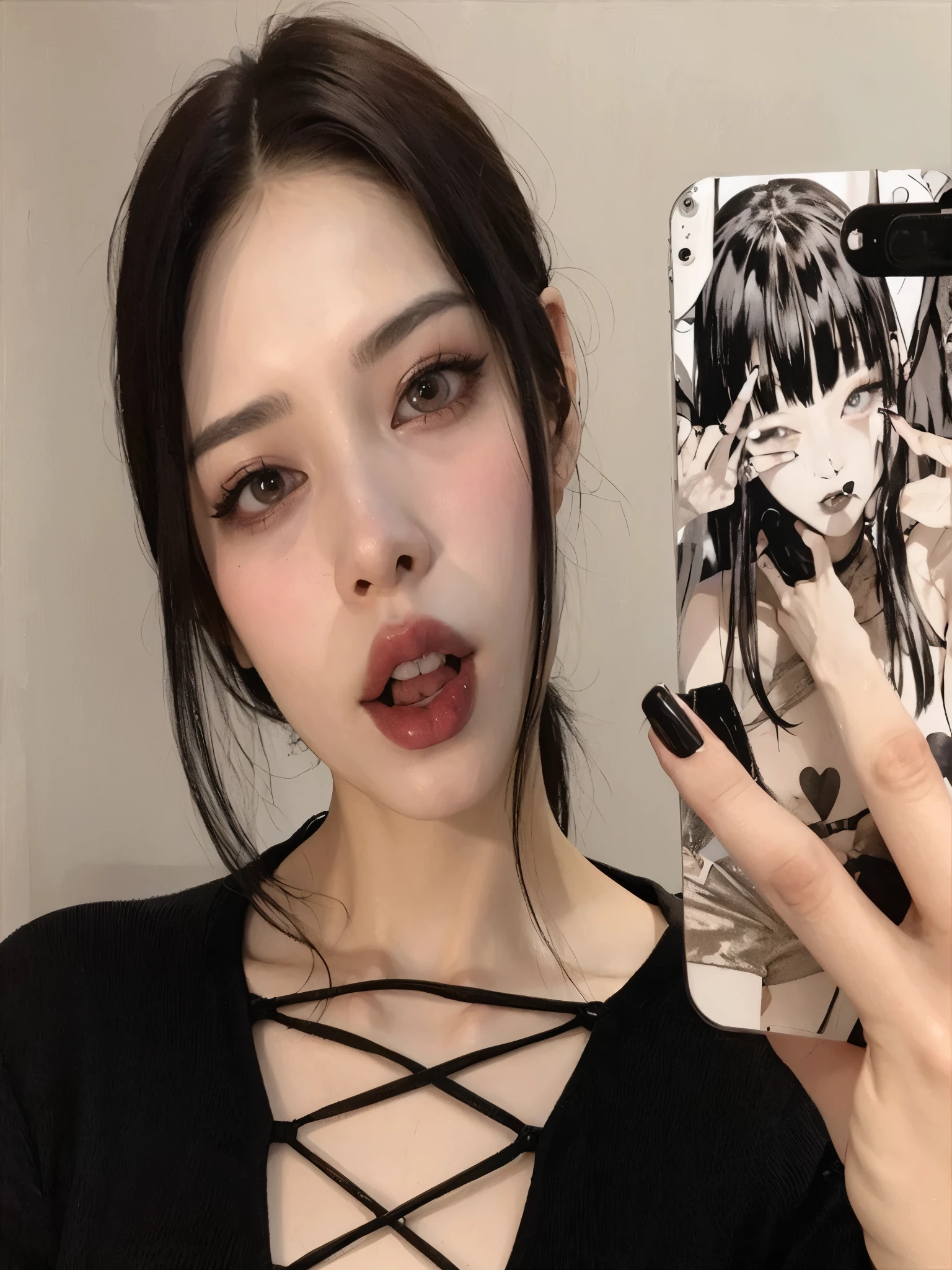 Ghostface Baller, solo, 1boy, holding, male focus, heart, nail polish, window, mask, phone, sunglasses, cellphone, black nails, holding phone, cigarette, drinking straw, smoking, heart-shaped eyewear<lora:Ghostface:0.75>