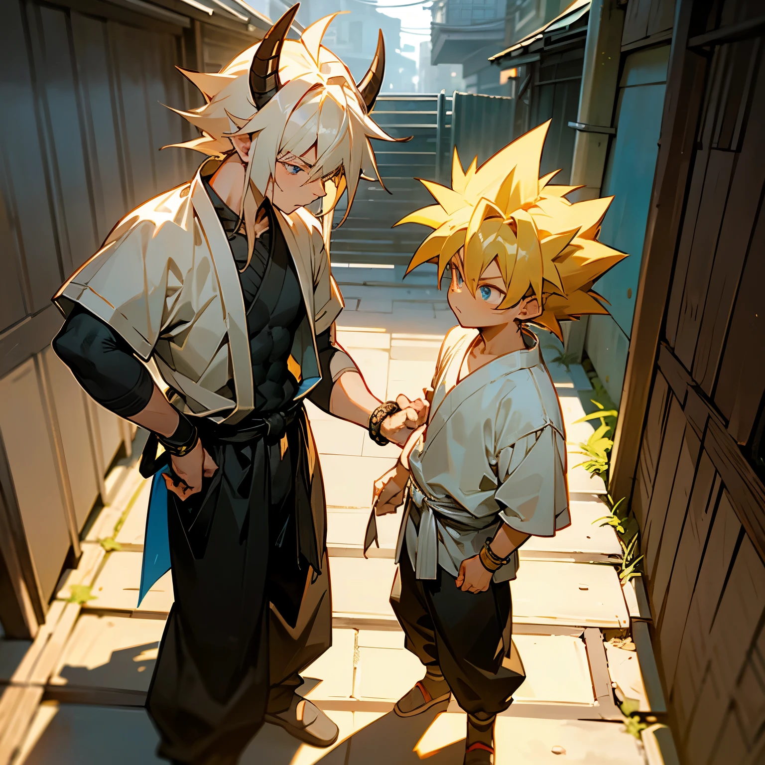 1male , Young Male , Child Male , Muscular , Blonde Hair , Blue Eyes , Ox Horns , Serious Expression , Gon Hair , Messy Hair ,White Martial Arts Clothing, Standing in alleyway , Sunny Day , Baggy Black Pants , Bracelets , Super Saiyan Hair , Super Saiyan , Bull Horn