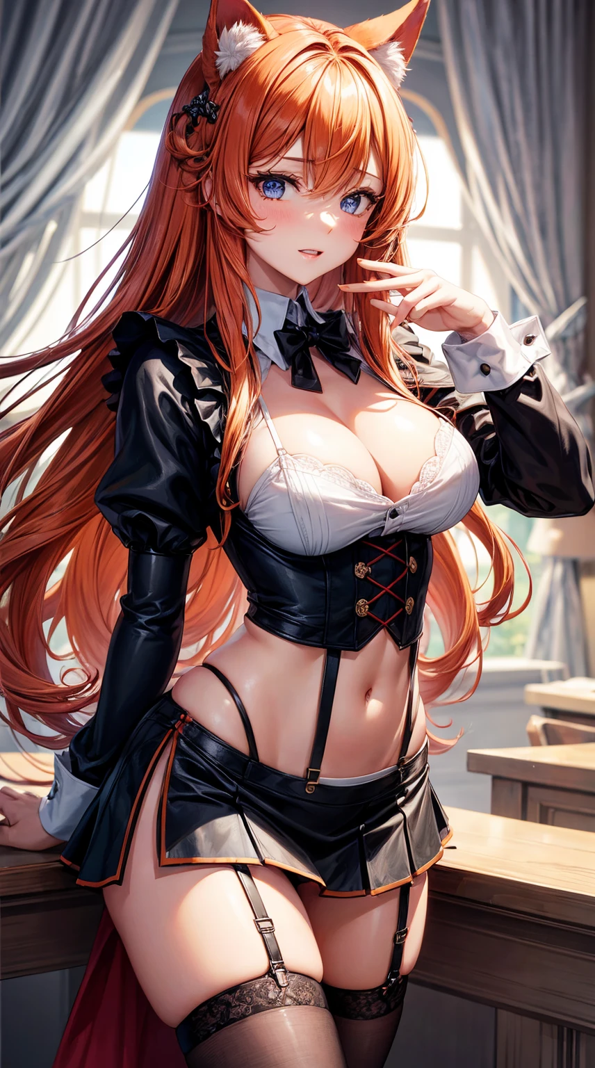 (tmasterpiece, quality, Best quality at best, offcial art, Beautiful and beautiful:1.2)orange long hair,dual horsetail,Refined face,Cat ears,the maid outfit,Leaky stomach,Superskirt,large tities,suspender stockings,Sexy action,Sexy expressions,hands tied,
