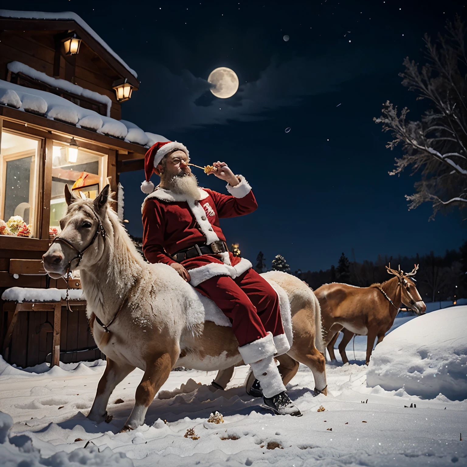 Santa sitting on rudolfs back eating popcorn ,realistic, snow falling ,moon beside, north star