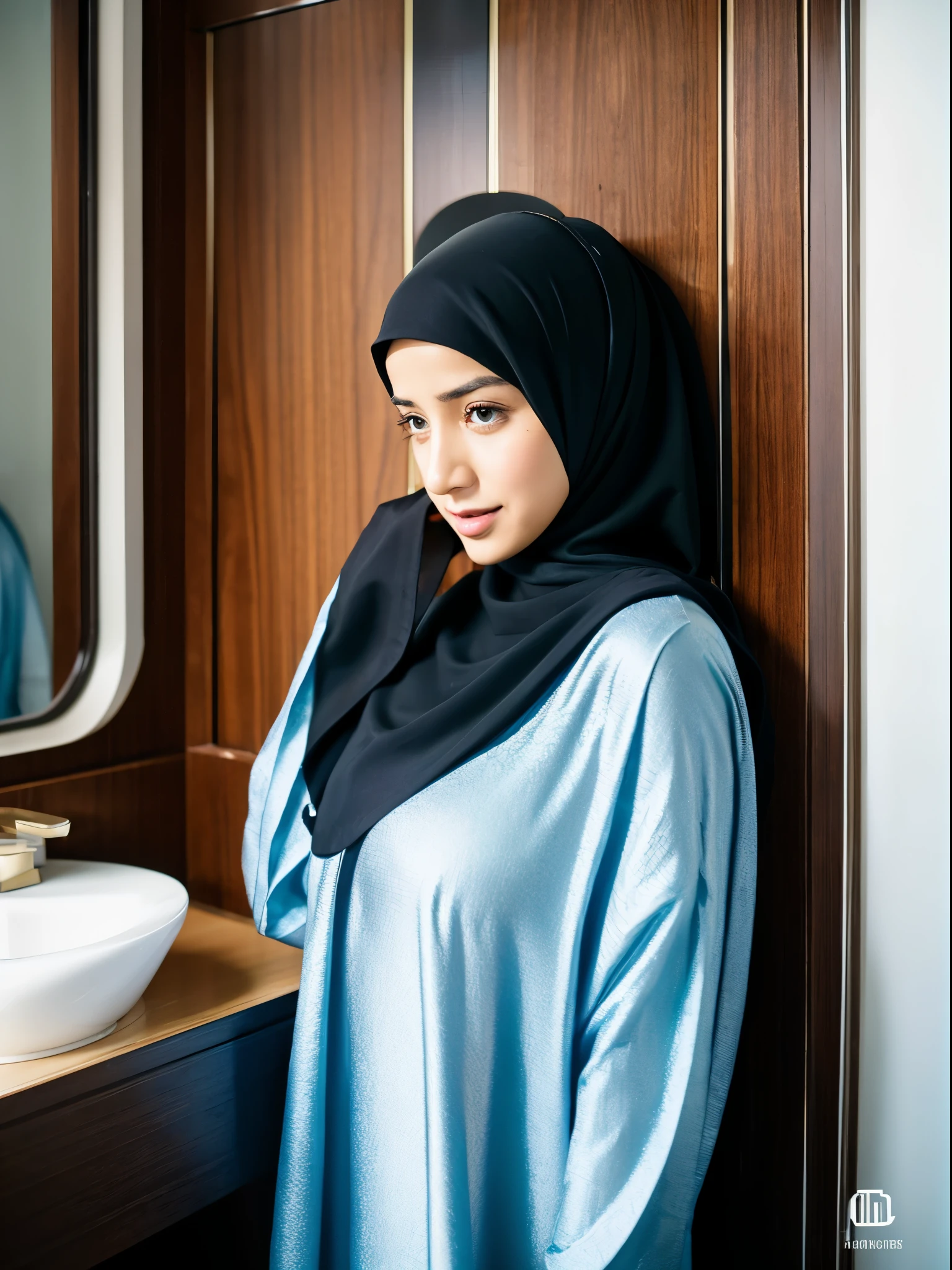 middle eastern women, hijab, gamis, office bathroom