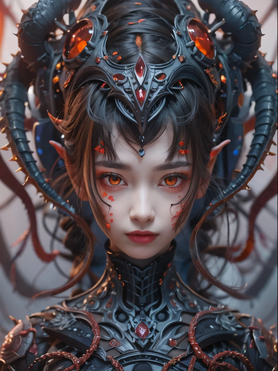 Female Alien, Beautiful face, seduces, red eyes, Full body like, A sexy, alien, No humans, an alien, cells are fused, Multiple hands, Lots of blue tentacle skin:1.5), extraterrestrial, cell, bio image, 魅惑的, Best Quality, 8K,,4K_quality, high_Definition,Dramatic Lighting, masutepiece:1.5,cinematic quality, detail up, Intricate details:1.2, 超A high resolution, High Definition, drawing faithfully, (Thick eyebrows:1.2), (Big scarlet eyes:1.6), Beautiful eyes with fine symmetry, (Ultra detailed eyes:1.2),(Highly detailed face and eyes:1.2), (High-resolution red-eye:1.4), Intimate face, (ultra detailed skin texture:1.4), Perfect Anatomy,  (Beautiful toned body:1.5),  (Moist skin:1.2), No makeup, (dark circles:1.1),