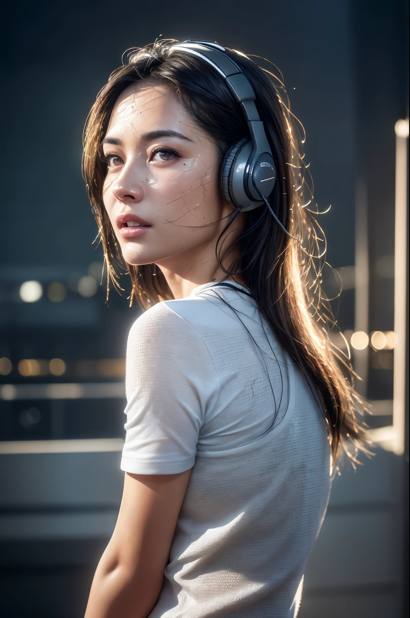 dressed, (photo realistic:1.4), (hyper realistic:1.4), (realistic:1.3), (smoother lighting:1.05), (increase cinematic lighting quality:0.9), 32K, 1girl,20yo girl, realistic lighting, backlighting, light on face, ray trace, (brightening light:1.2), (Increase quality:1.4), (best quality real texture skin:1.4), finely detailed eyes, finely detailed face, finely quality eyes, (tired and sleepy and satisfied:0.0), face closeup, t-shirts, listens to music with headphones, (Increase body line mood:1.1), (Increase skin texture beauty:1.1)