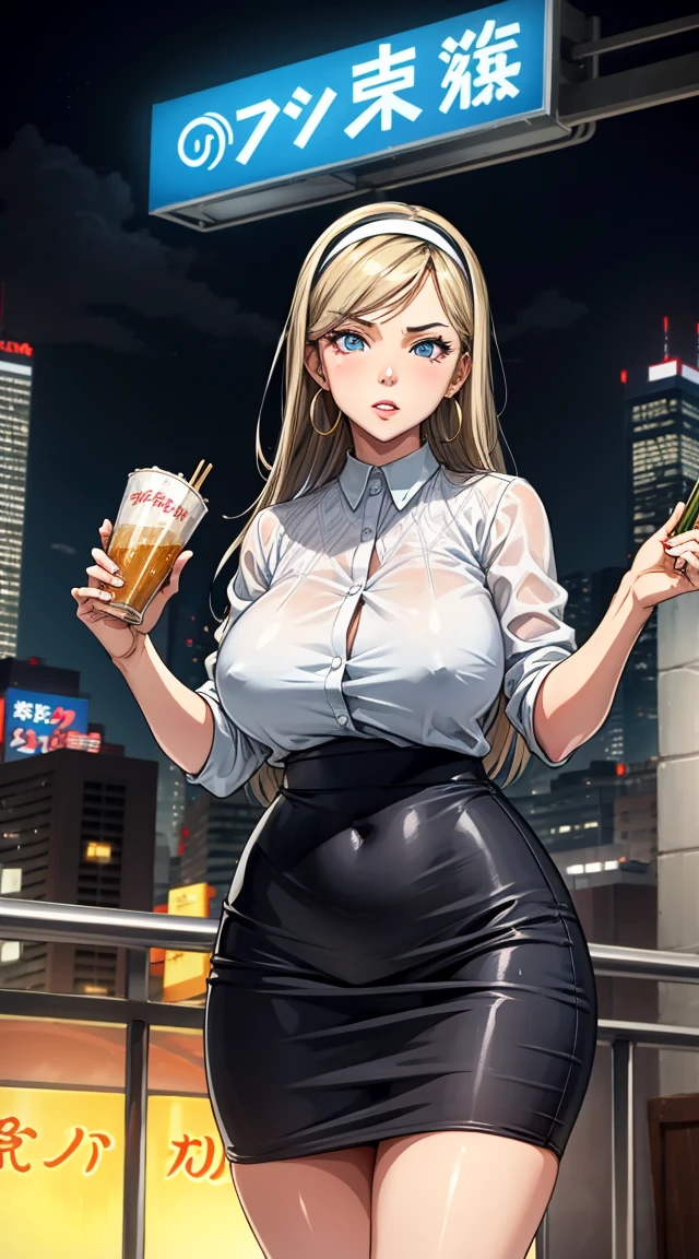 1girl,  (((bimbo))),hoop earrings, puffy lips, painted lips, thick lips. ,kumashiro maya, hairband, long hair, pencil skirt, 
blonde hair, wide hips, thick thighs, bursting breasts Nightlife, Night city, Cyberpunk city, futuristic cityscape. Neon lights, (skyscraper:1.1), Tokyo tower, palm tree, cloth sign, ramen stall, night club. bright city lights, exotic car. alcohol, bar, ramen, soup stall ,alcohol bottles,