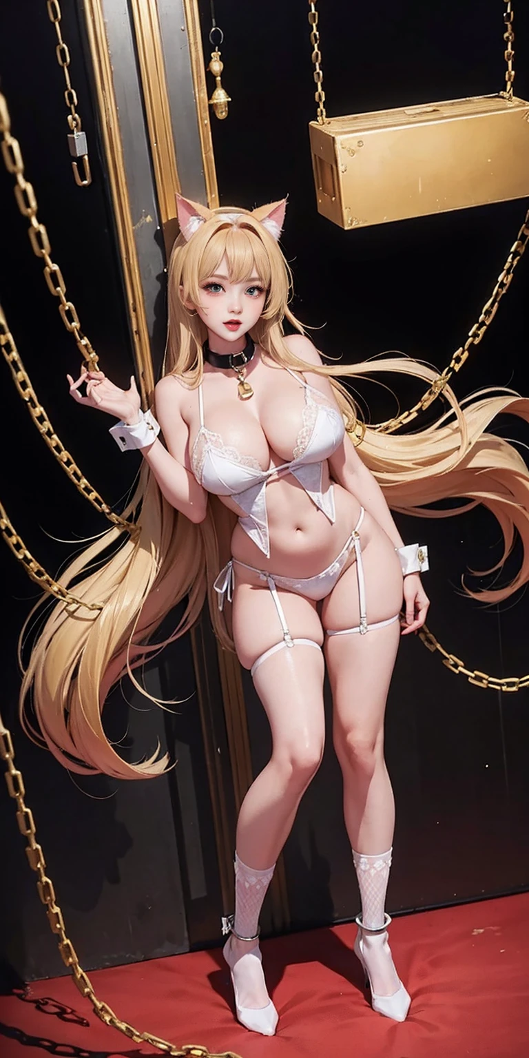 full body standing straight symmetrical, huge boob,Best picture quality,busty figure,Lieyang red lipquisite facial features,Charming sexy beauty,Wearing white erotic lingerie,Wearing black silk fishnet socks,Handcuffs on their hands,With a collar around the neck,,Wavy blonde,Get wet,high high quality,best qualtiy,Wear cat ears on the head,Trapped in a cage,There are chains wrapped around the body, (Locking metal collar and shackles, golden chains)