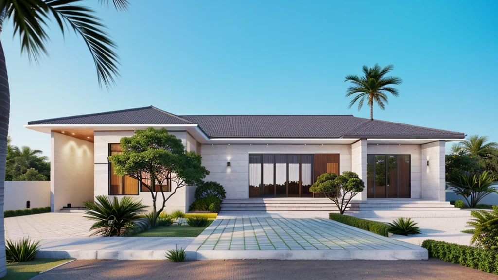 Modern villa, with swimming pool in front of the house, surrounding trees, masterpiece, photos taken by professional camera (realistic photo), super detailed, (hyper detail, extremely detail, supper detail), rendered by vray 2023 , 8k rendering, impressive design, sunset light, warm light from inside the house (warm light from indoor), Aerial View