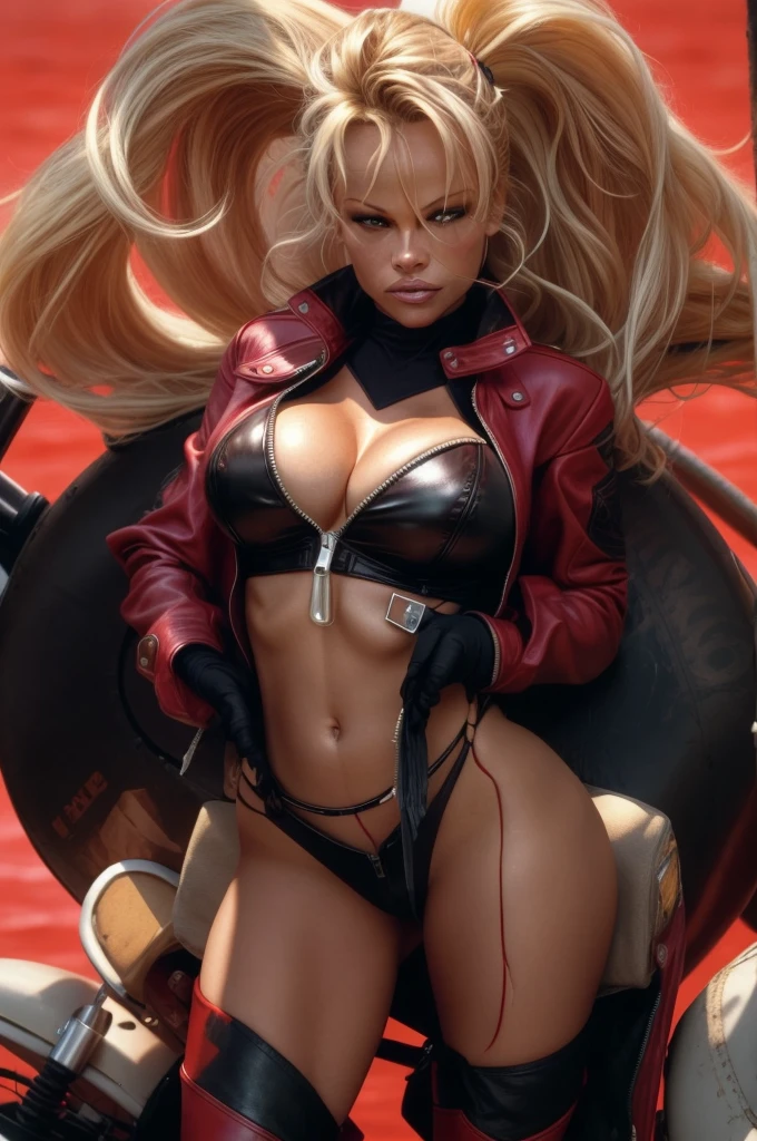 medium shot, torso shot, focus on breasts, perfect face, Pamela Anderson in a red leather jacket posing for a picture,