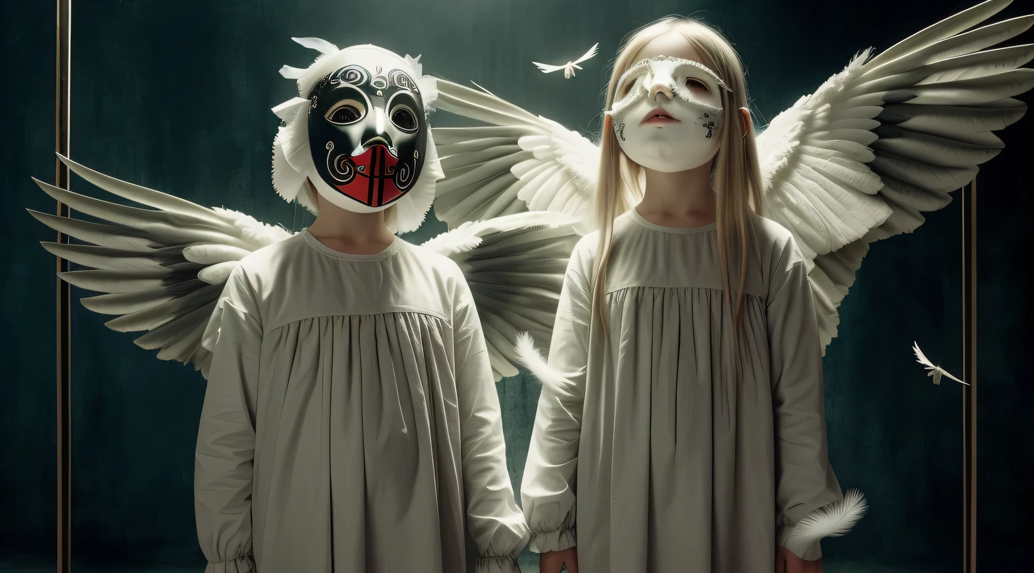 two children girls dressed in costumes with masks and feathers, fotografia premiada de terror, inspired Directed by: Gottfried Helnwein, fotografia de terror, angelic and unsettling, Arte de terror surreal, Anton Semenov, Michael Hussar, 2 anjos, Adriano Borda, imagem assustadora espiritual, Directed by: Gottfried Helnwein, fotografia assustadora, Rick Padeiro, sebastian kruger, Surrealismo assustador