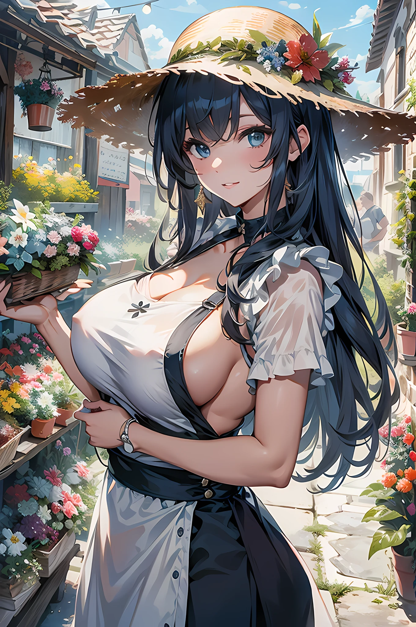 absurd, 8K, high resolution, Ultra-detailliert, beautiful, Meisterwerk, best quality, very pretty woman, Jung, dunkelblaues Haar, Sonnenhut, Gartenschere, Florist, Work apron, (very large breasts: 1.4), (rundes Haar: 1.6), detailliertes Frauengesicht, Sehr attraktiv, Im Blumenladen, Blumen