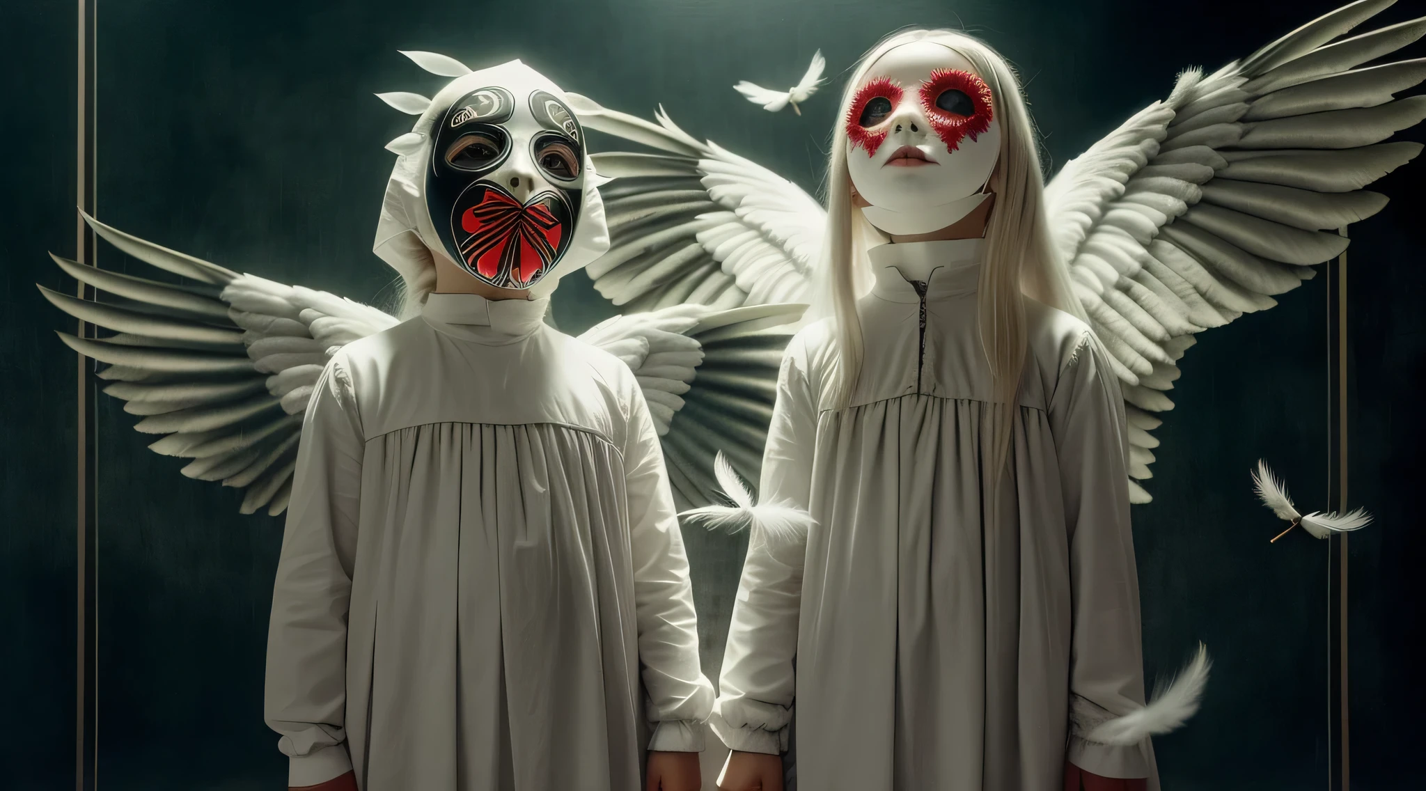 two children girls dressed in costumes with masks and feathers, fotografia premiada de terror, inspired Directed by: Gottfried Helnwein, fotografia de terror, angelic and unsettling, Arte de terror surreal, Anton Semenov, Michael Hussar, 2 anjos, Adriano Borda, imagem assustadora espiritual, Directed by: Gottfried Helnwein, fotografia assustadora, Rick Padeiro, sebastian kruger, Surrealismo assustador