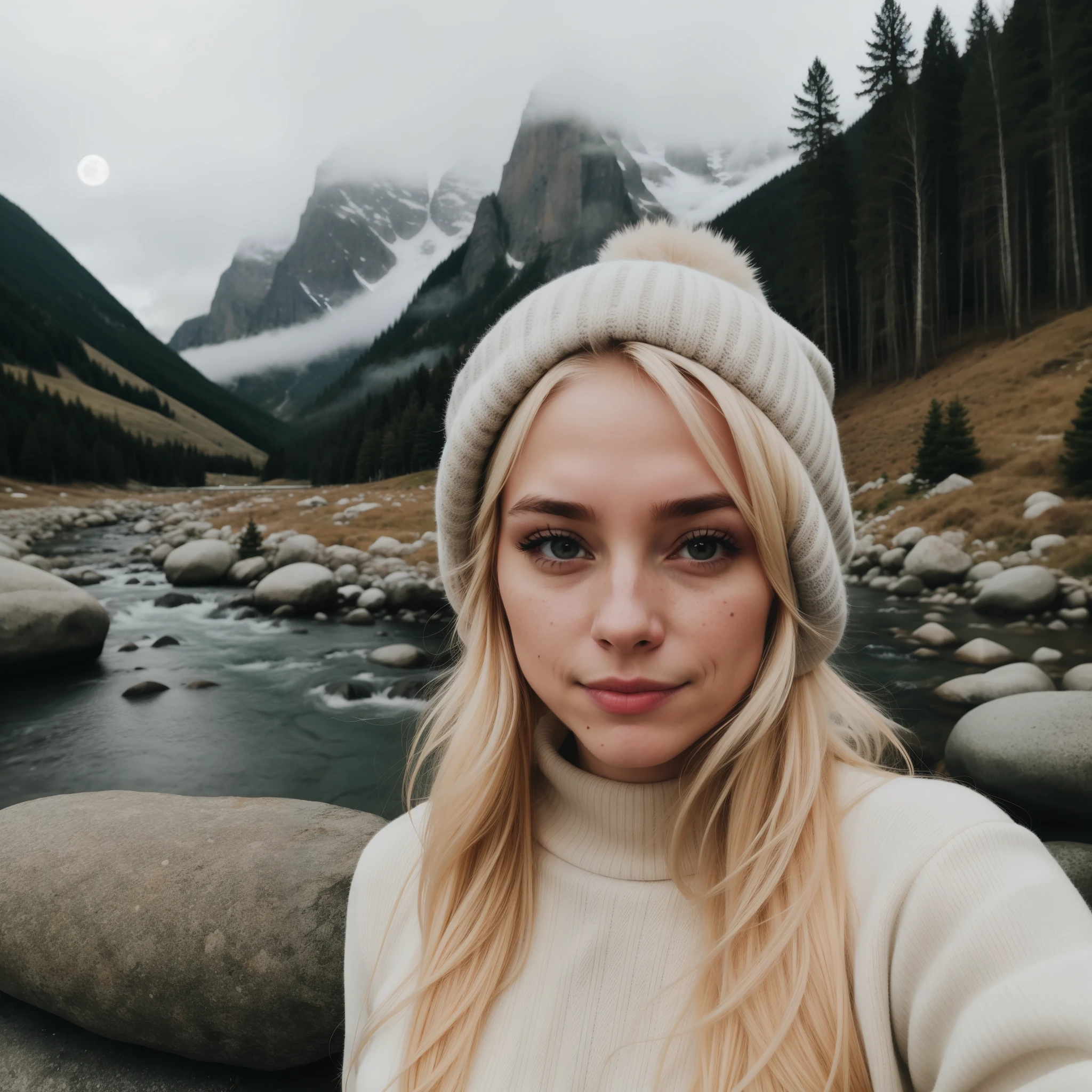photograph, photo of woman with blonde hair, selfie, upper body, solo, wearing pullover, outdoors, (night), mountains, real life nature, stars, moon, cheerful, happy, gloves, sweater, beanie, forest, rocks, river, wood, smoke, fog, looking at viewer, skin texture, close up, RAW photo